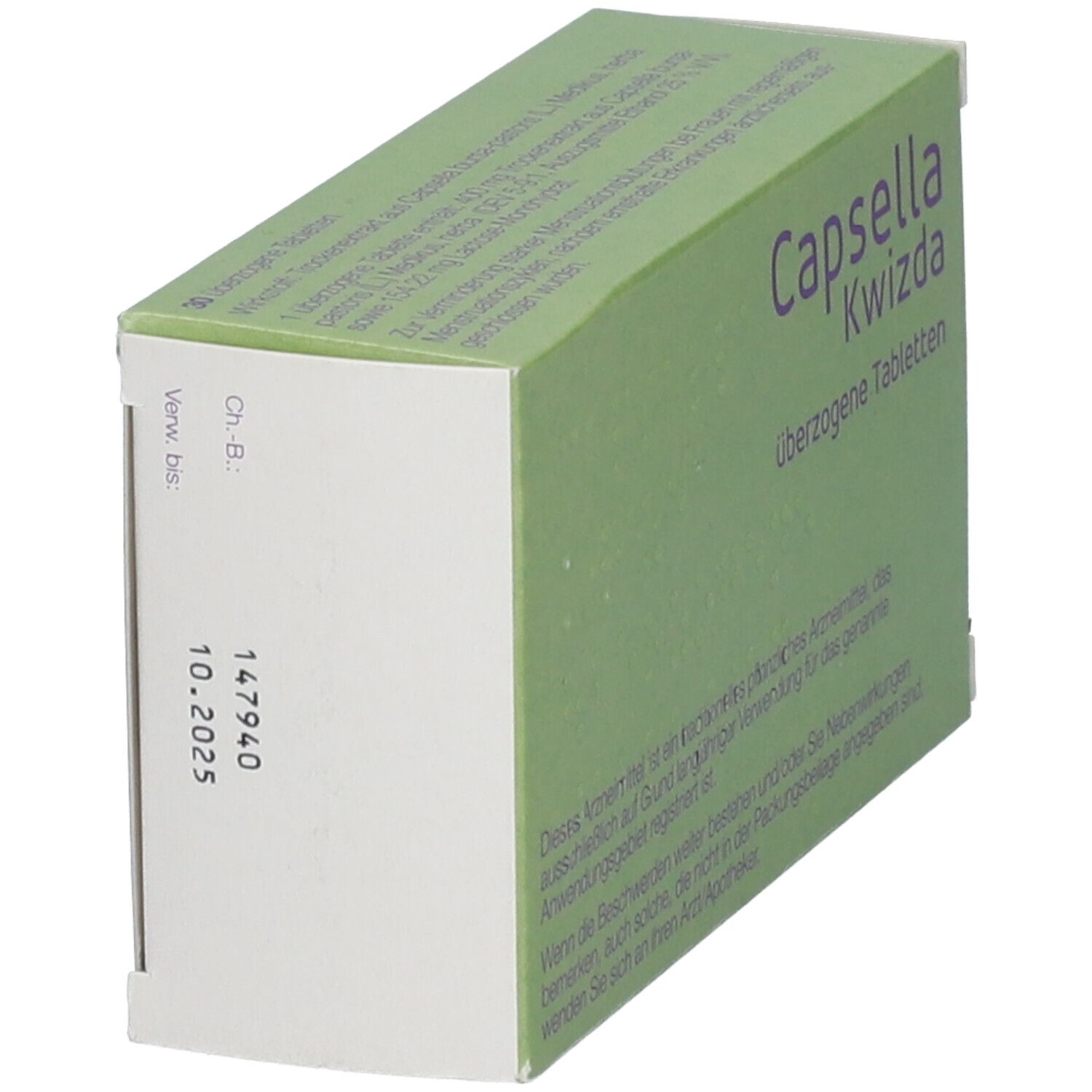 Grüne Schachtel mit dem Produktnamen Capsella Kwizda und der Bezeichnung 'überzogene Tabletten'. Auf der Seite sind Haltbarkeitsdaten angegeben.