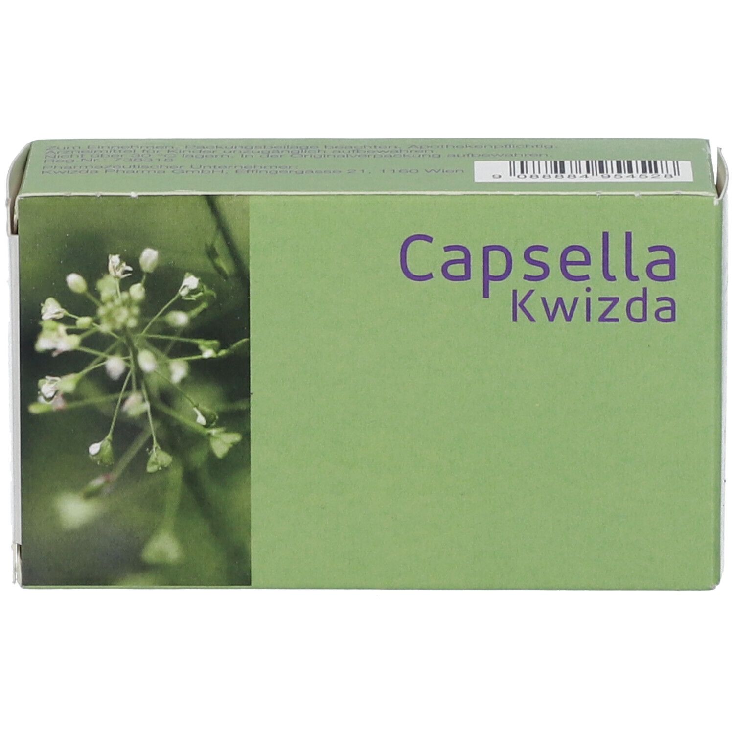 Grüne Schachtel mit dem Produktnamen Capsella Kwizda. Auf der Vorderseite ist eine Abbildung von Blüten.