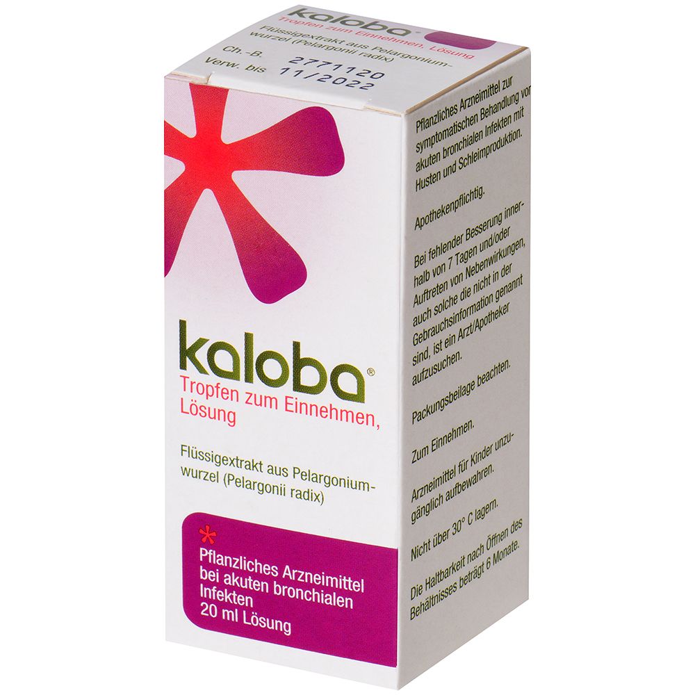Kaloba® Tropfen, Verpackung. Pflanzliches Arzneimittel bei akuten bronchialen Infekten. 20 ml Lösung. Apothekenpflichtig.