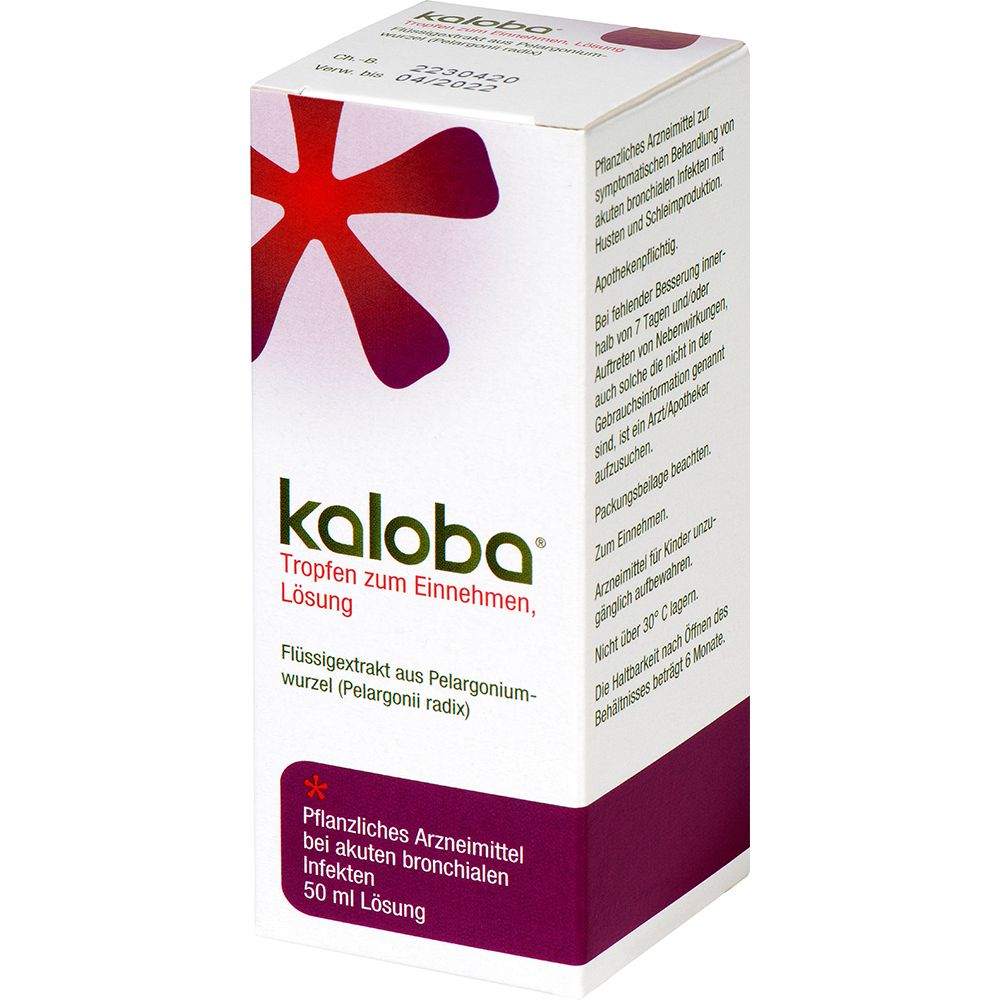 Weiße Schachtel mit rotem Logo und Produktinformationen. Text: Kaloba Tropfen, Lösung. Pflanzliches Arzneimittel.