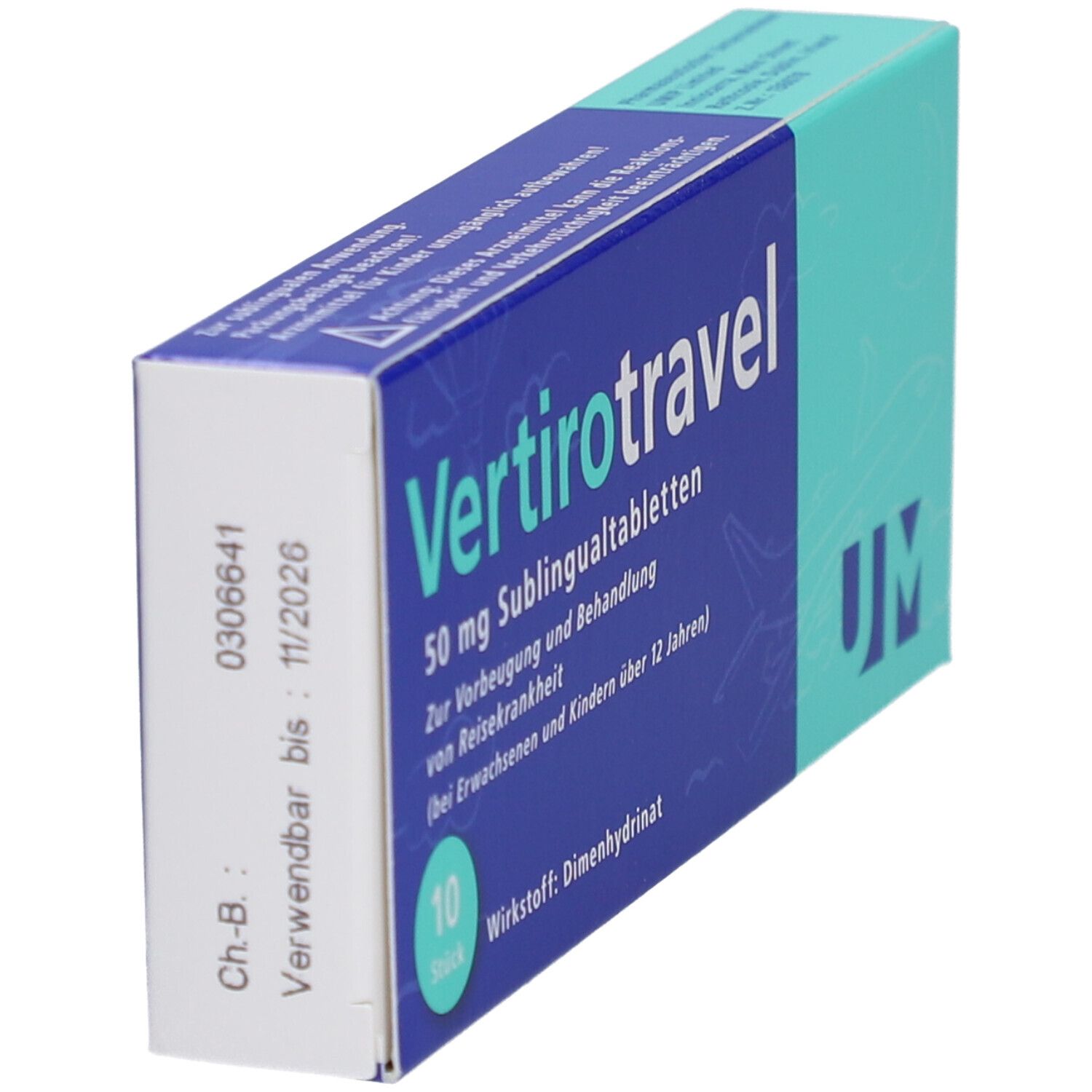 Schachtel "Vertirotravel" in blau-weiß-grün. Zeigt Text und Verfallsdatum: 11/2026. Enthält 10 Tabletten.