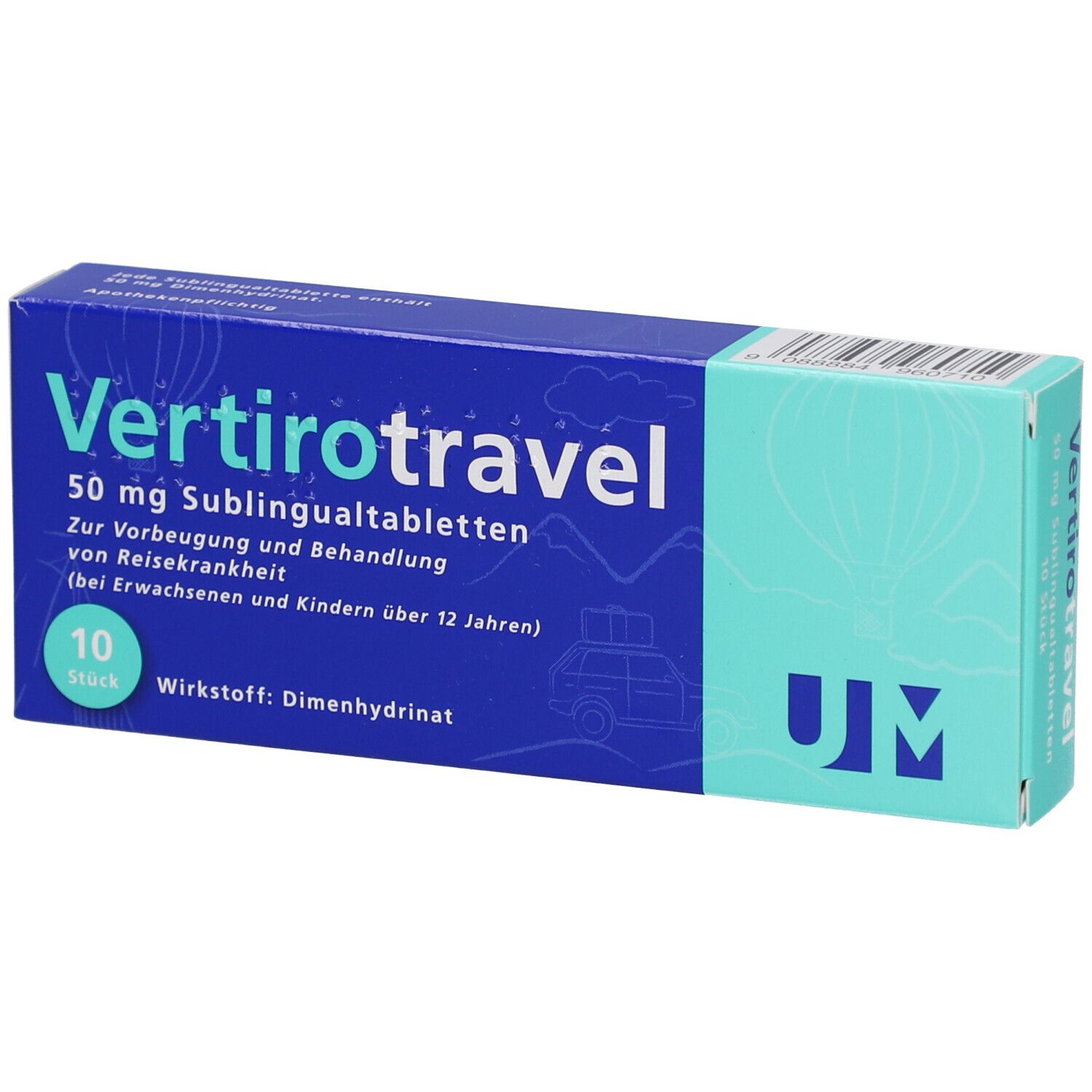 Blau-weiß-grüne Schachtel mit "Vertirotravel"-Schriftzug. Enthält 10 Tabletten. Text: 50 mg Sublingualtabletten.