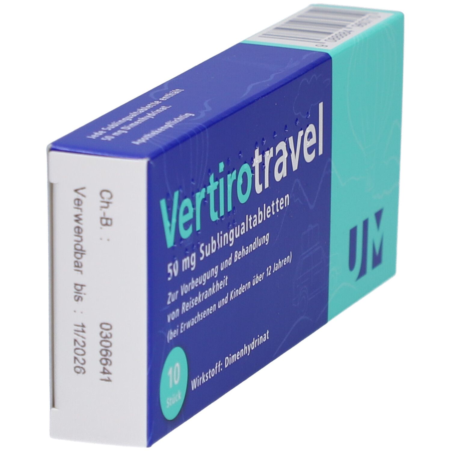Schachtel "Vertirotravel" in blau-weiß-grün. Zeigt Text und Verfallsdatum: 11/2026. Enthält 10 Tabletten.