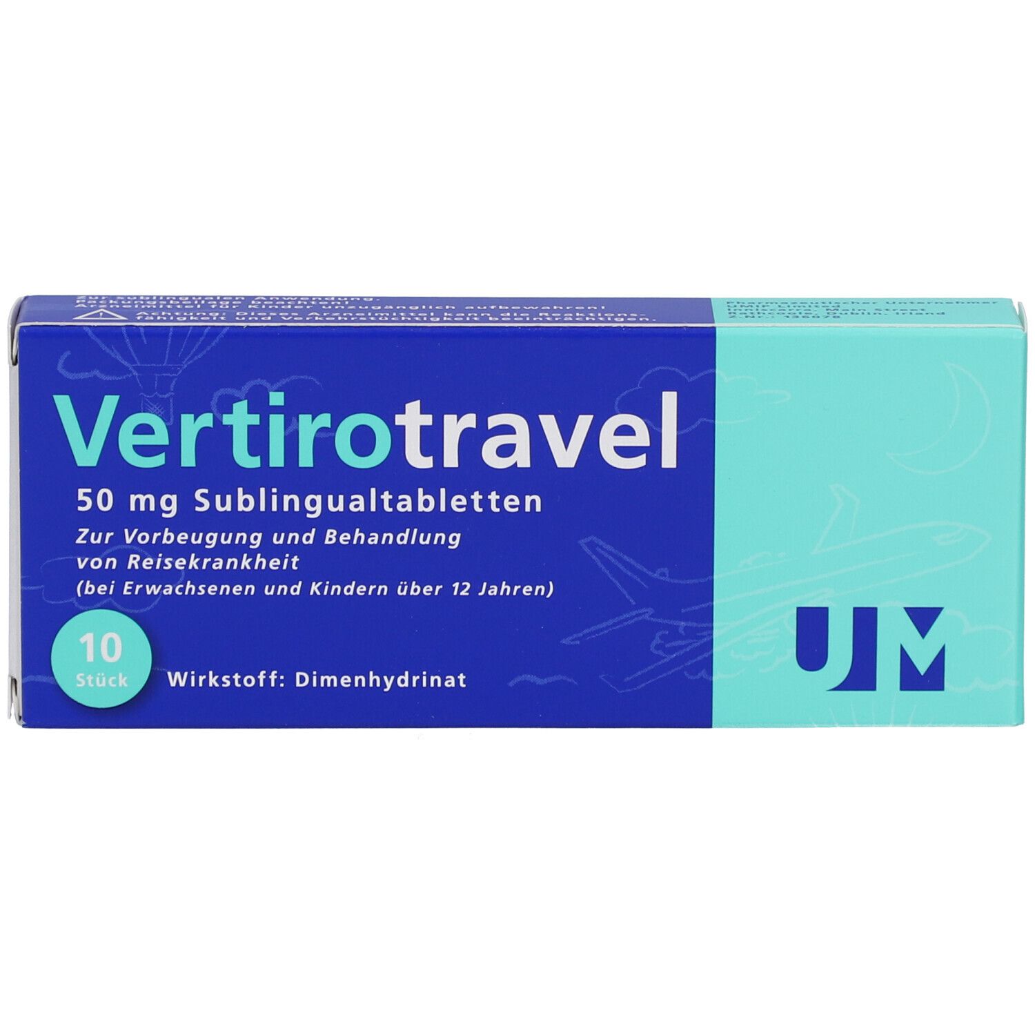 Blau-weiß-grüne Schachtel mit "Vertirotravel"-Schriftzug. Enthält 10 Tabletten. Text: 50 mg Sublingualtabletten.