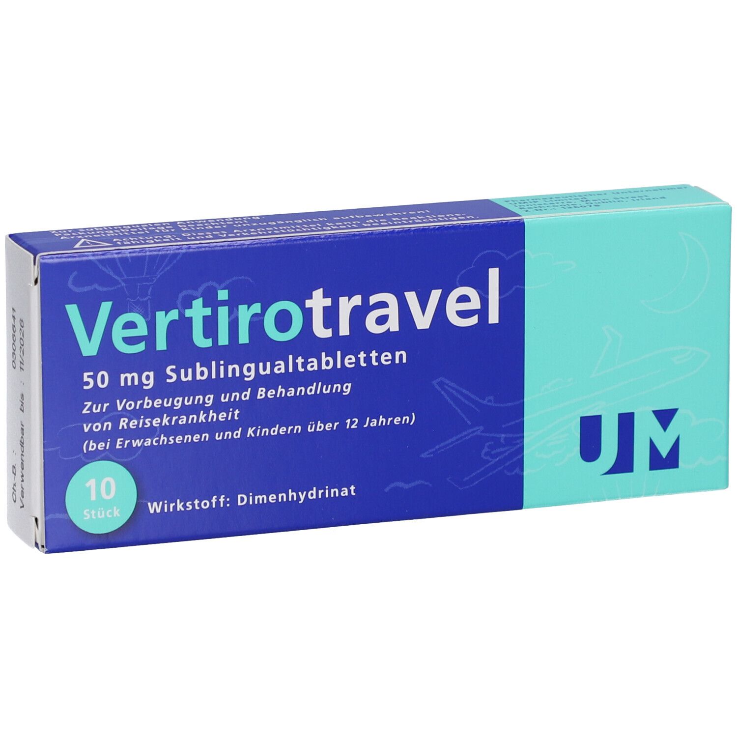 Blau-weiß-grüne Schachtel mit "Vertirotravel"-Schriftzug. Enthält 10 Tabletten. Text: 50 mg Sublingualtabletten.