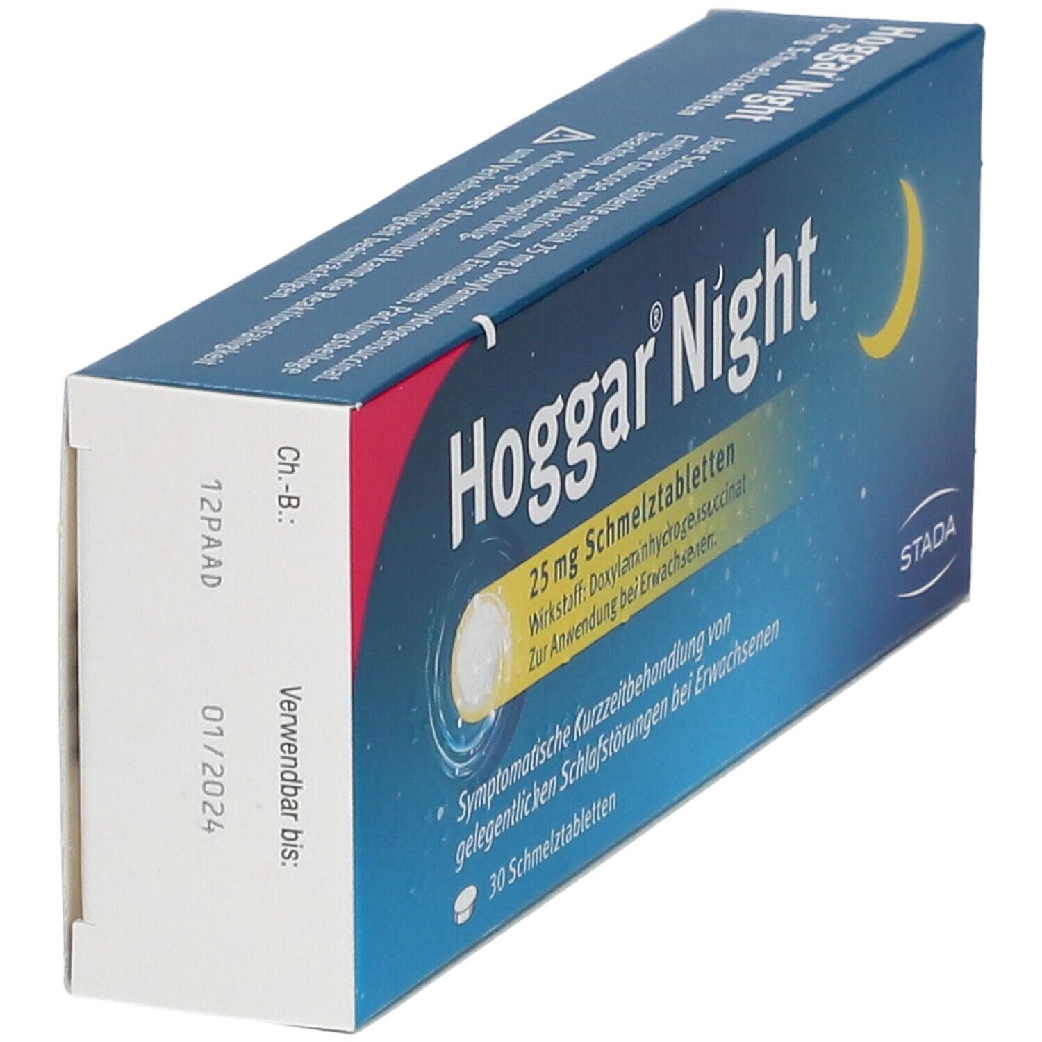 Hoggar Night Schachtel, blaue Verpackung. Text: 25 mg Schmelztabletten. Aufdruck: Verwendbar bis 01/2024.