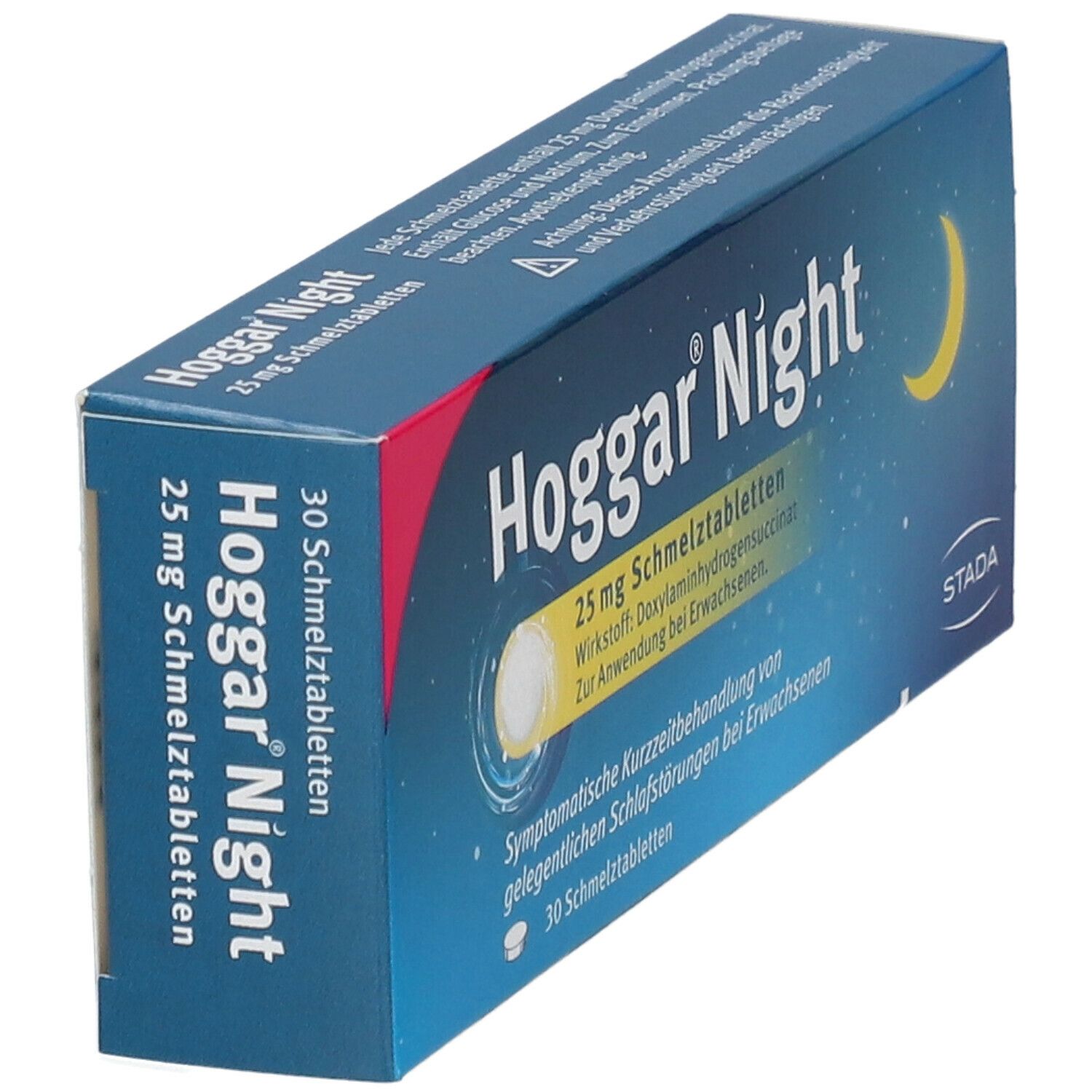Hoggar Night Schmelztabletten-Packung. Blaue Schachtel mit Mond- und Sternenmotiv. Text: 25 mg, 30 Schmelztabletten.