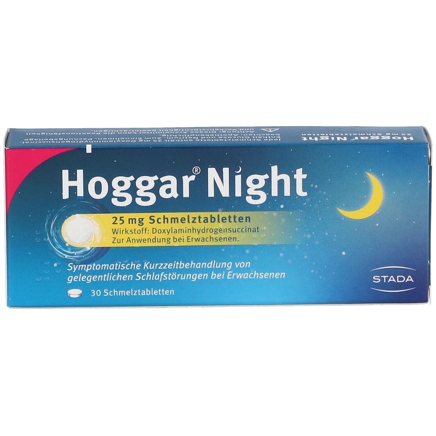 Hoggar Night Schmelztabletten-Packung. Blaue Schachtel mit Mond- und Sternenmotiv. Text: 25 mg, 30 Schmelztabletten.