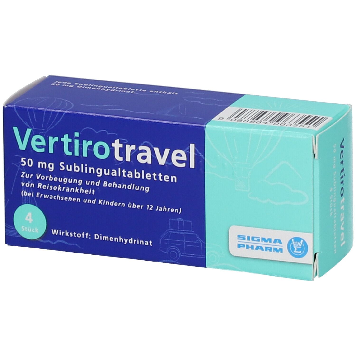 Blisterpackung Vetirotravel 50 mg, 4 Tabletten. Blaue und türkisfarbene Schachtel mit Produktnamen und Logo.