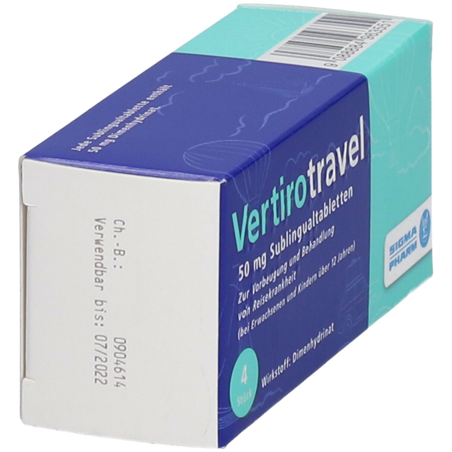 Schachtel Vetirotravel 50 mg. Blaue und türkisfarbene Schachtel mit Produktnamen und Haltbarkeitsdatum.