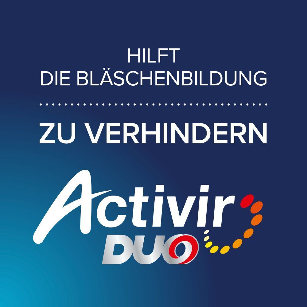 Text: Hilft die Bläschenbildung zu verhindern. Logo und Schriftzug Activir Duo.