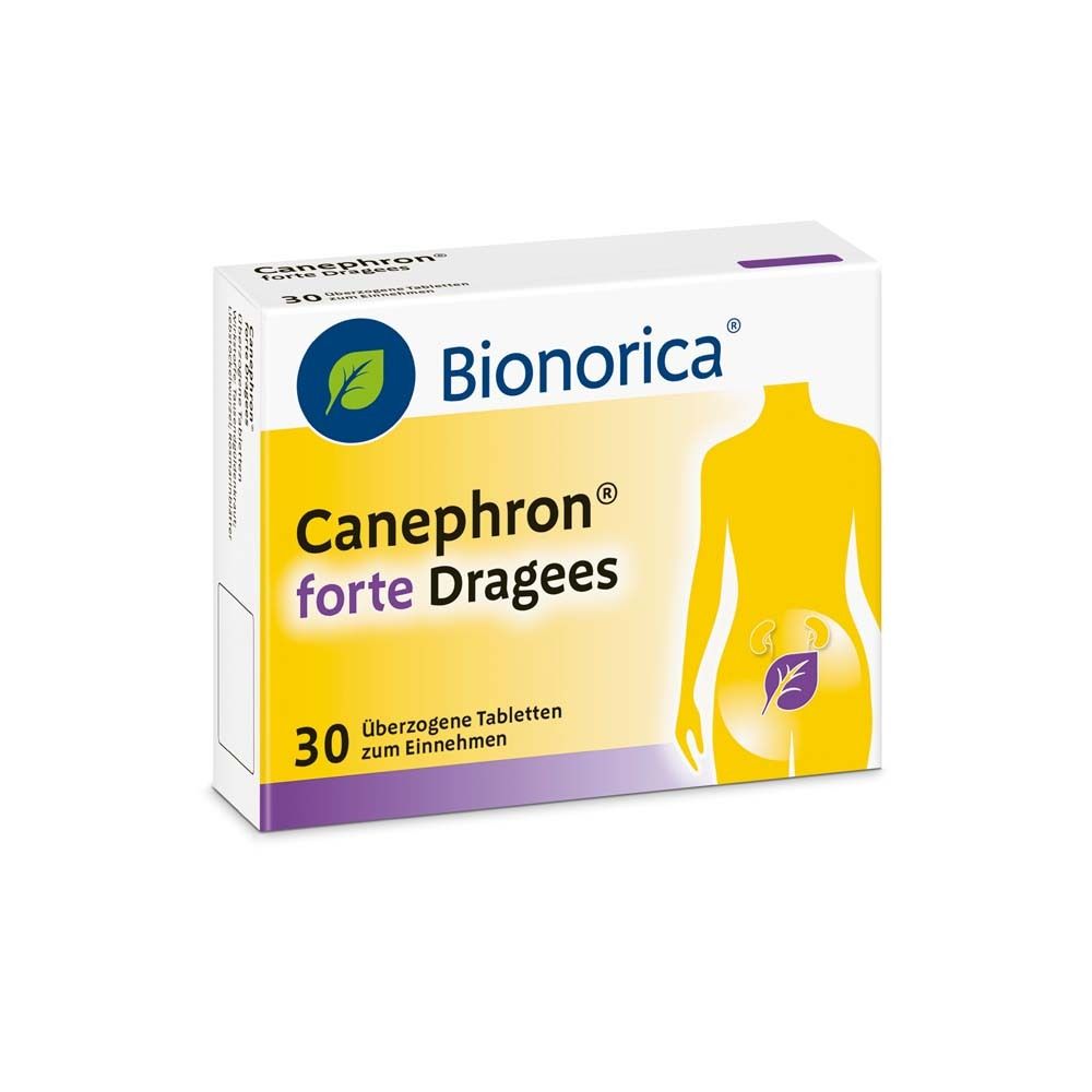 Verpackung von Canephron forte Dragees. Marke Bionorica. 30 Tabletten. Perspektivische Ansicht.