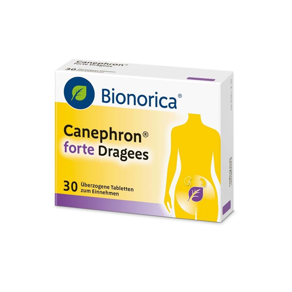 Verpackung von Canephron forte Dragees. Marke Bionorica. 30 Tabletten. Ansicht von vorne.