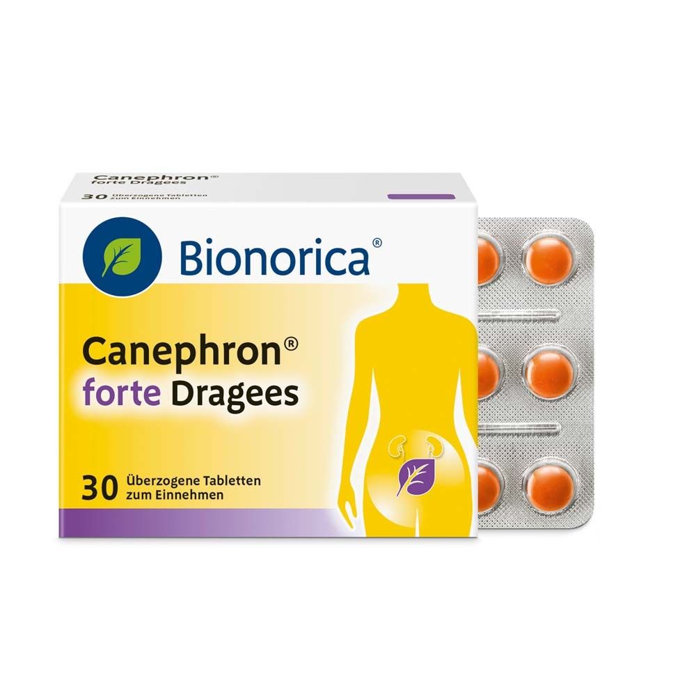 Verpackung und Blisterpackung von Canephron forte Dragees. Marke Bionorica. 30 Tabletten.