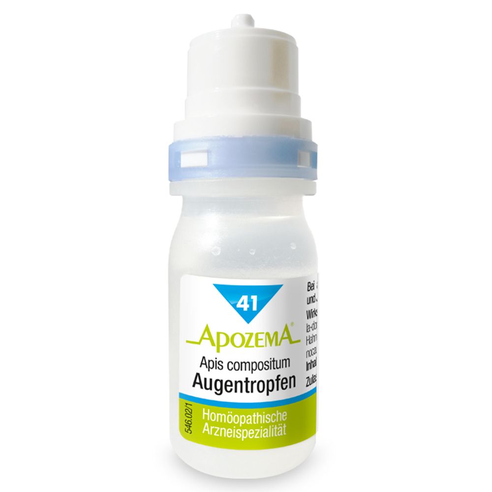 Apozema Augentropfen Nr. 41. Kleine Flasche mit blauer Kappe und Etikett.