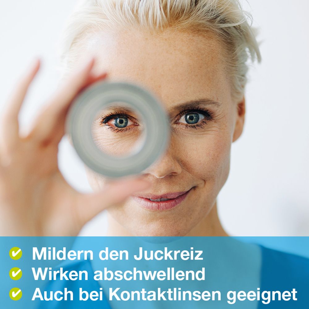 Frau mit Auge durch ein rundes Objekt. Text: Mildern den Juckreiz, wirken abschwellend, auch bei Kontaktlinsen.