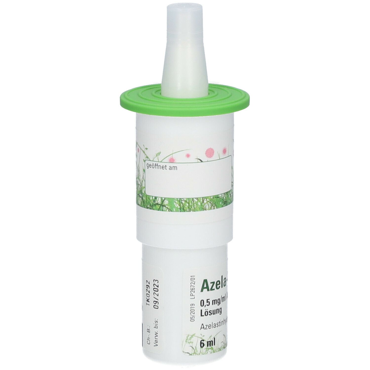 Augentropfen-Behälter mit grünem Deckel. Aufschrift: Azela-Vision MD, 0,5 mg/ml Augentropfen, 6 ml.