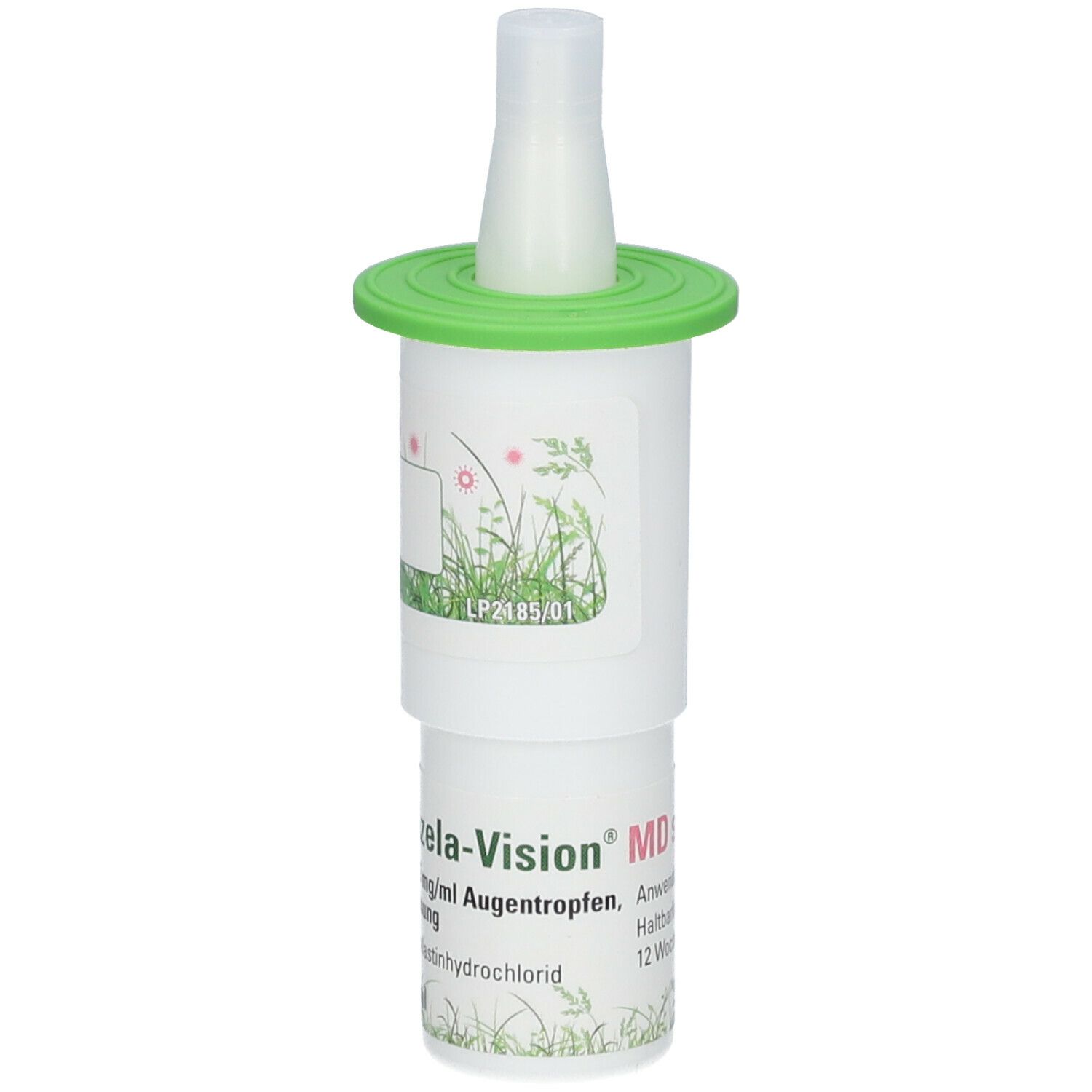 Augentropfen-Behälter mit grünem Deckel. Aufschrift: Azela-Vision MD, 0,5 mg/ml Augentropfen, 6 ml.