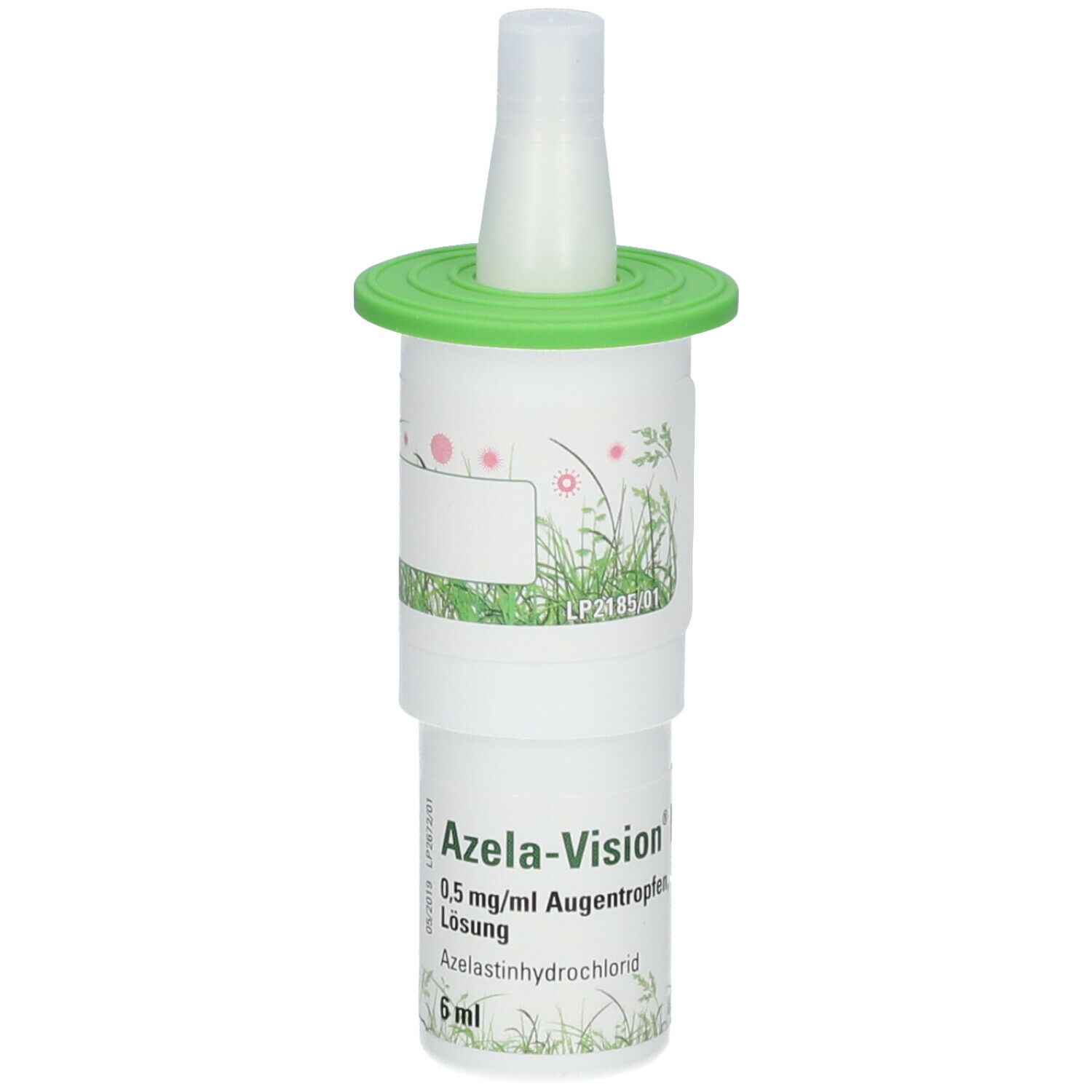 Augentropfen-Behälter mit grünem Deckel. Aufschrift: Azela-Vision MD, 0,5 mg/ml Augentropfen, 5 ml.