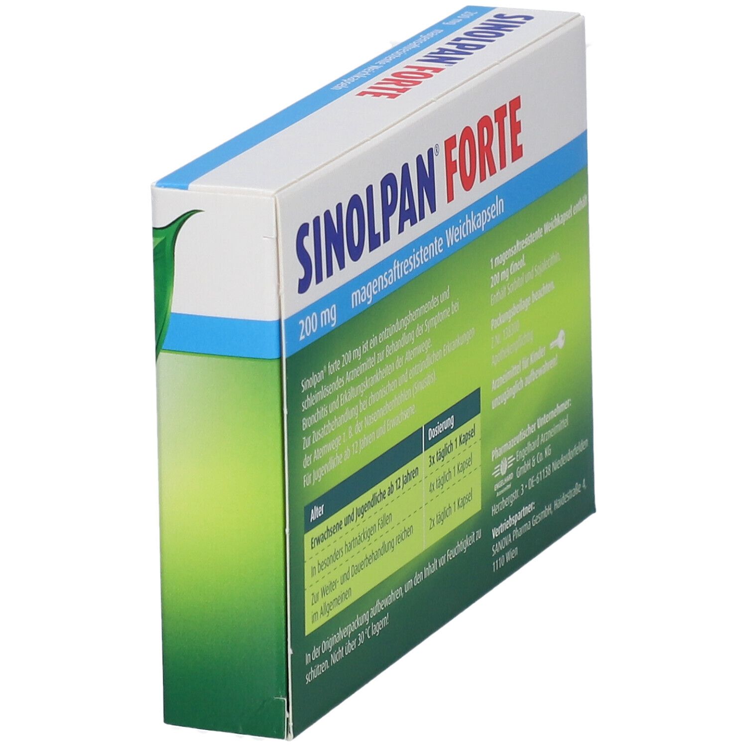 Schachtel SINOLPAN FORTE, schräg. Grün-weiße Verpackung mit Produktnamen und Text. Enthält 21 Weichkapseln. Dosierungstabelle.