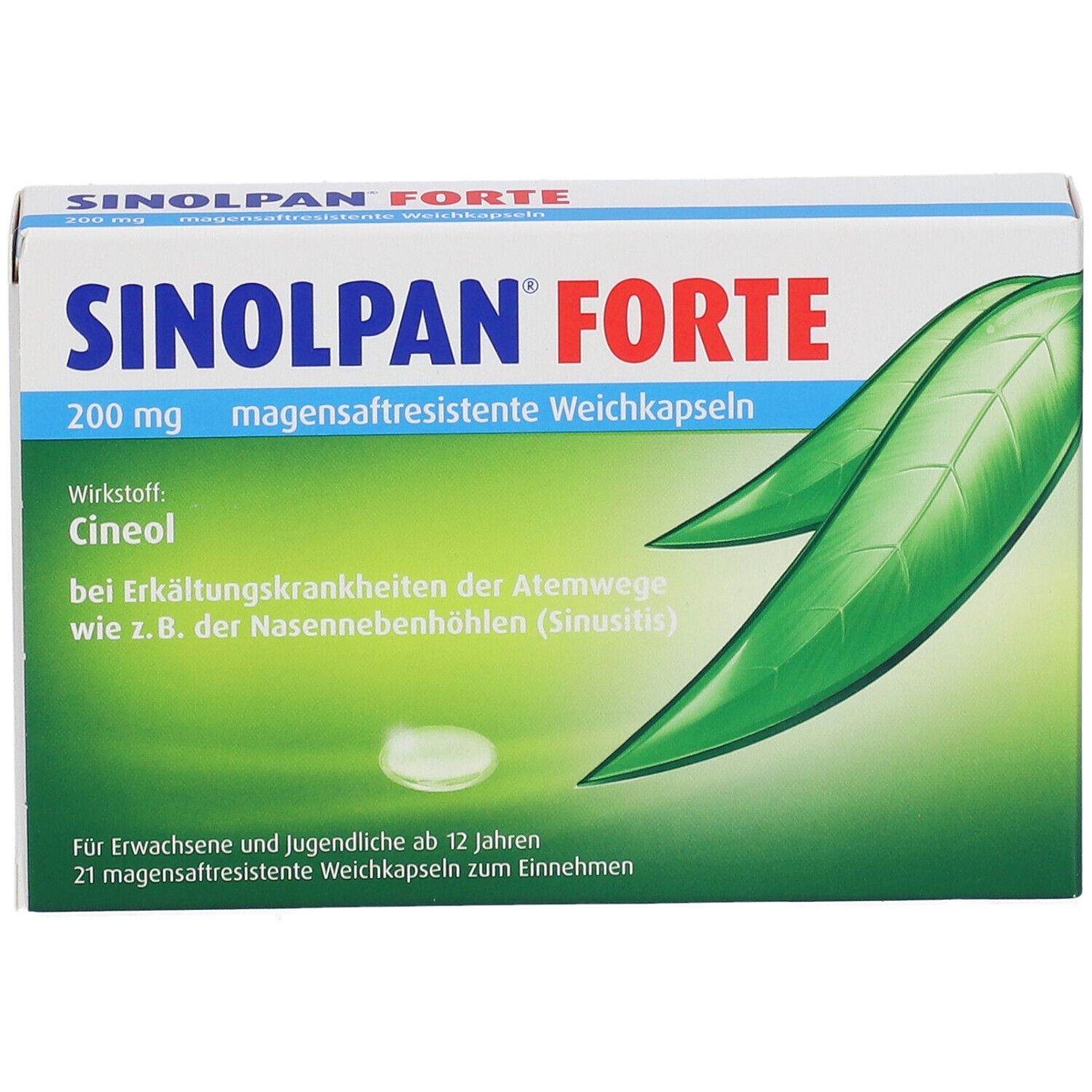 Schachtel SINOLPAN FORTE. Grün-weiße Verpackung mit Produktnamen und Blättern. Enthält 21 magensaftresistente Weichkapseln.