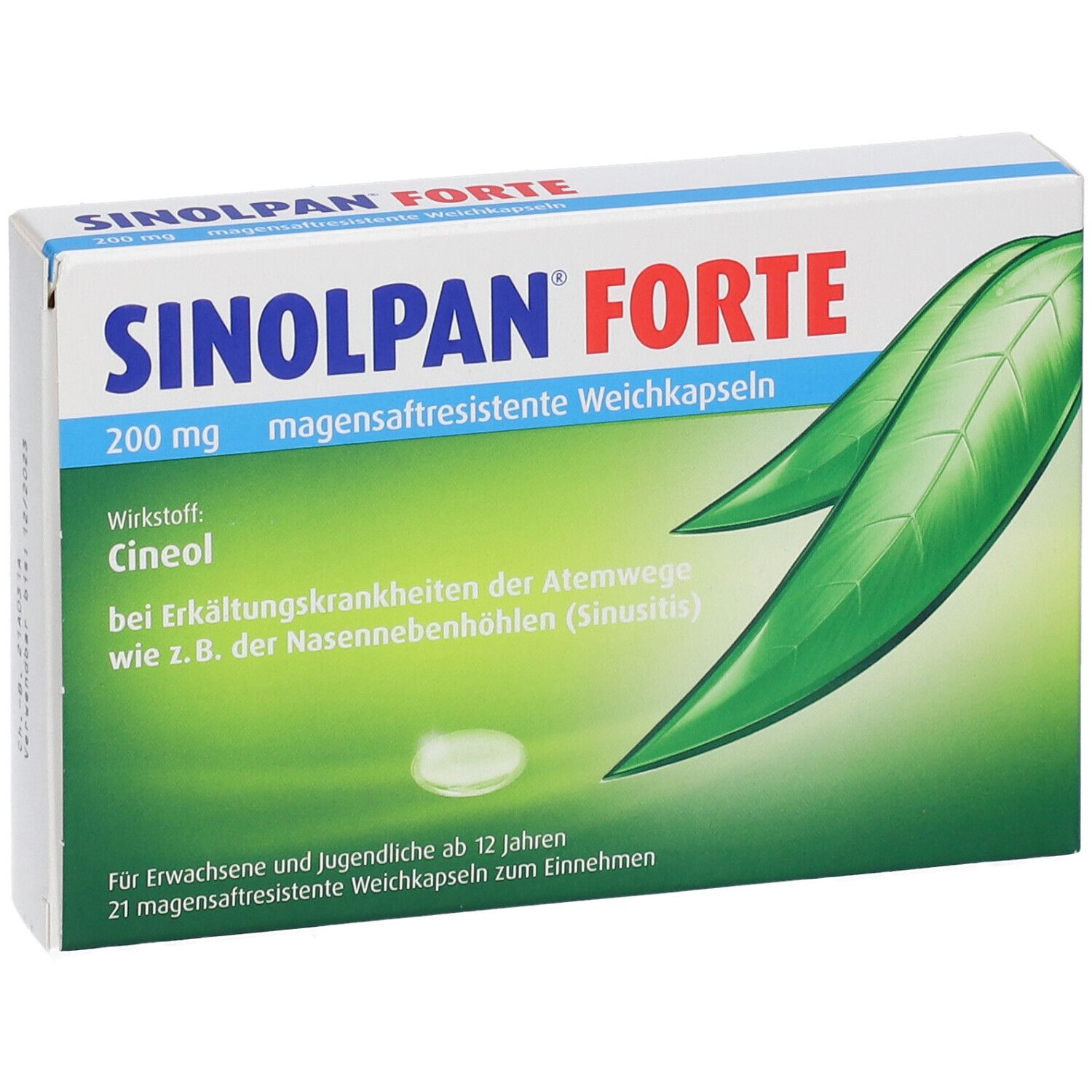 Schachtel SINOLPAN FORTE. Grün-weiße Verpackung mit Produktnamen und Blättern. Enthält 21 magensaftresistente Weichkapseln.