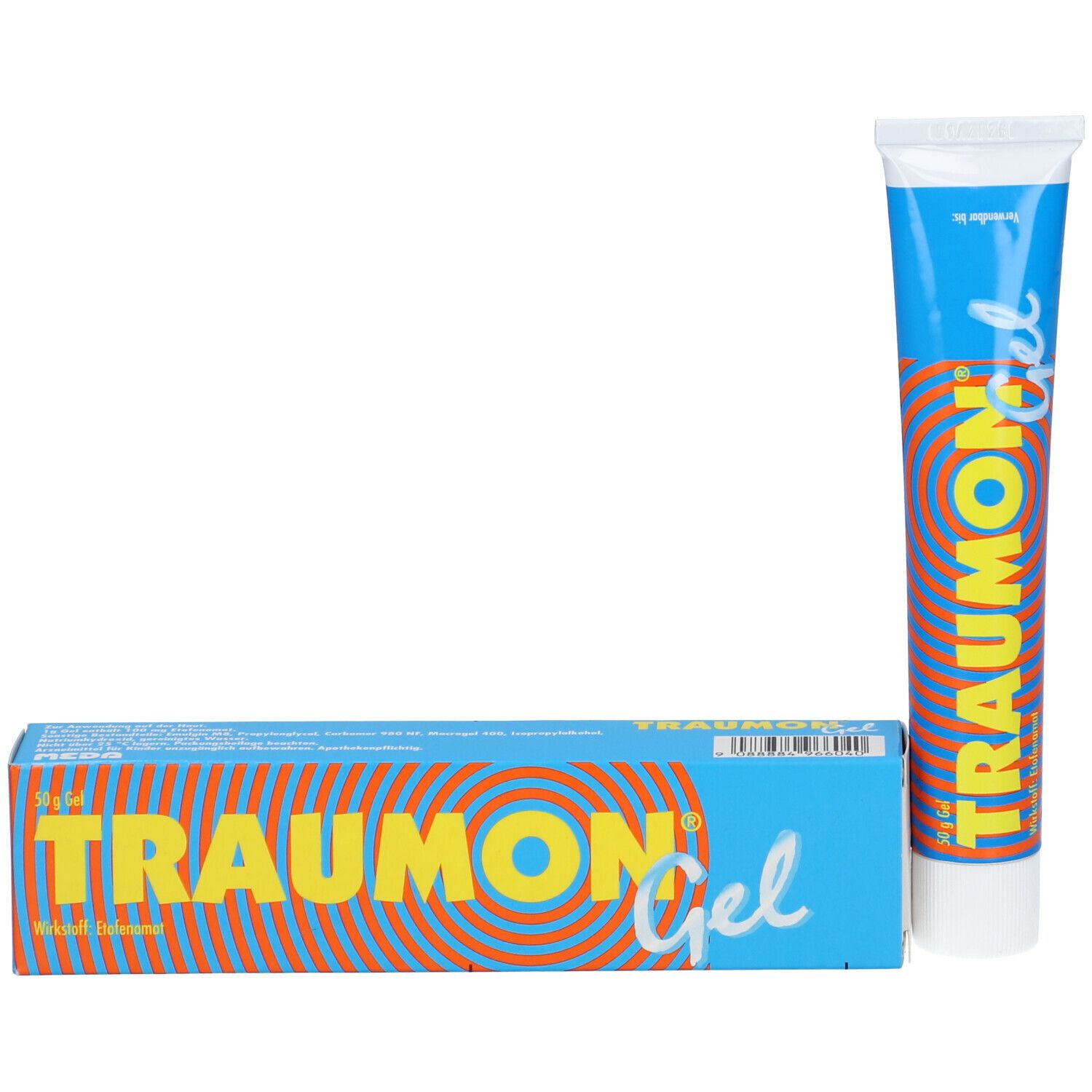 Schachtel und Tube TRAUMON Gel. Schachtel blau-orange, Tube blau. Text: TRAUMON Gel, Wirkstoff, 50 g Gel.