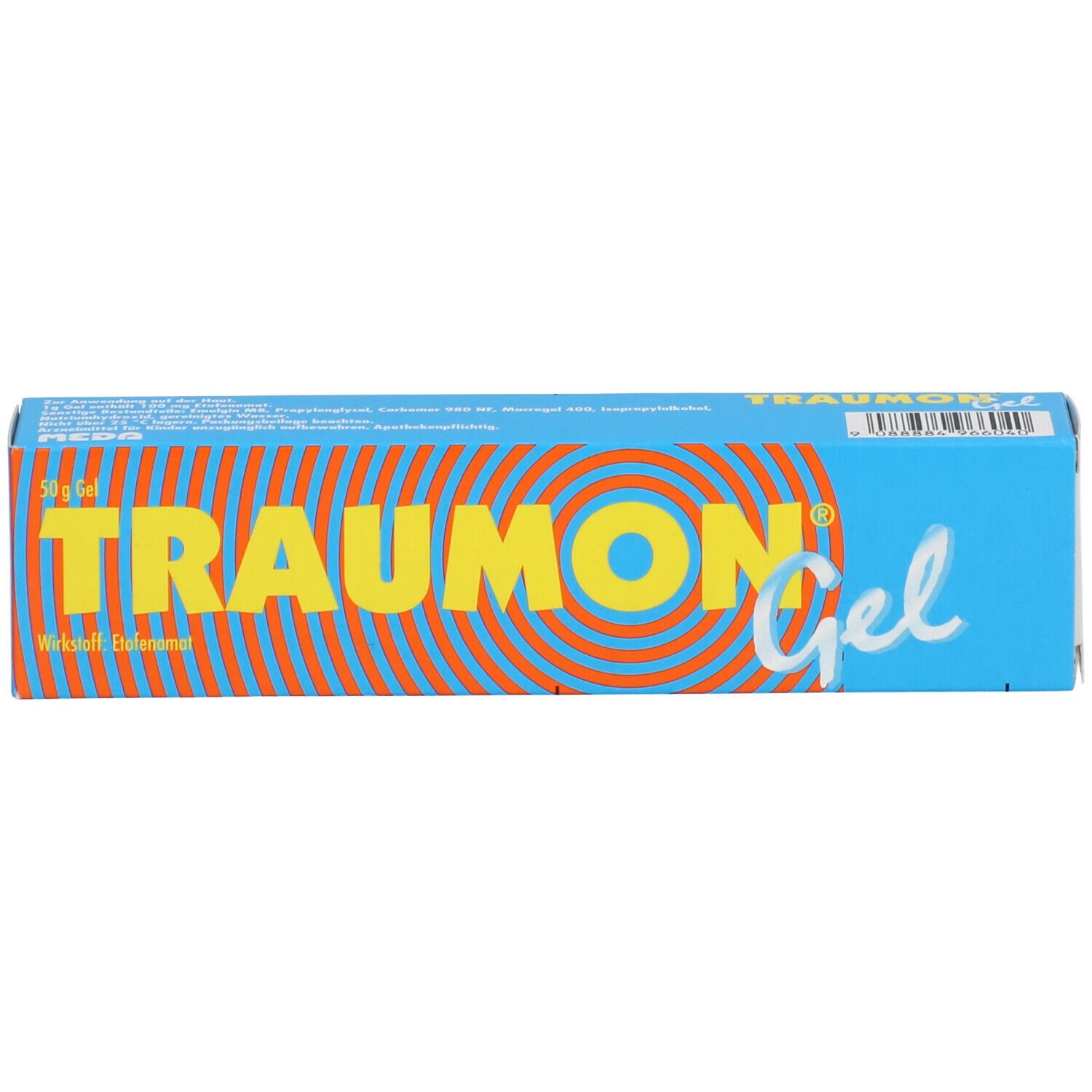 Blaue Schachtel mit orangefarbenen Kreisen und Text. Text: TRAUMON Gel, 50 g Gel, Wirkstoff: Etoricoxib.