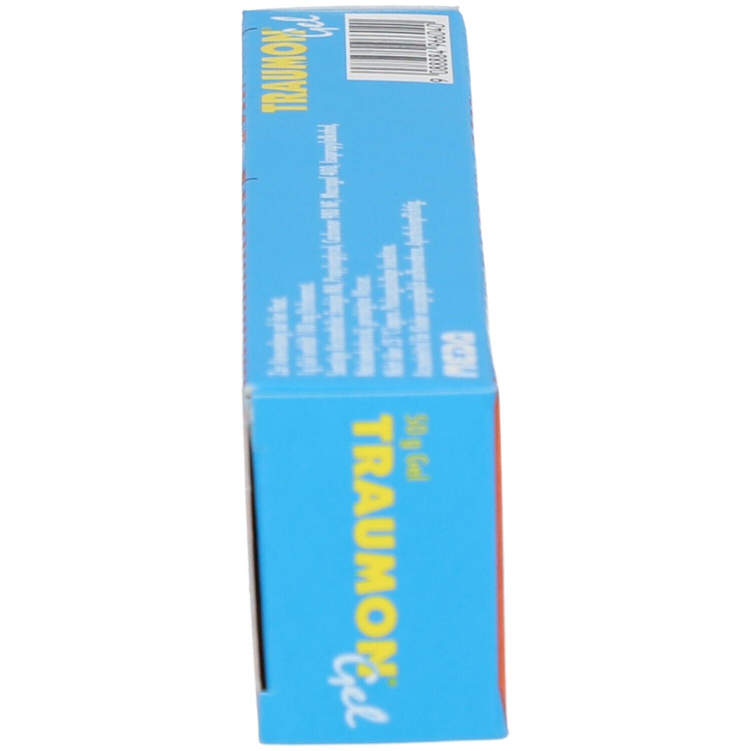 Blaue Schachtel, Seitenansicht. Text: TRAUMON Gel, 50 g Gel. Barcode und weitere Informationen.