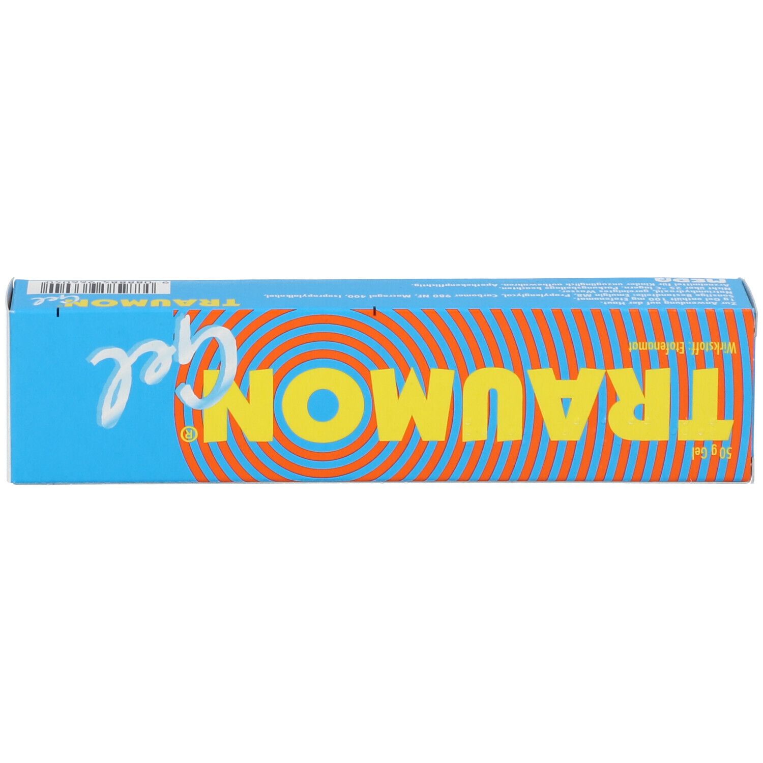 Blaue Schachtel mit orangefarbenen Kreisen und Text. Text: TRAUMON Gel, 50 g Gel, Wirkstoff: Etoricoxib.