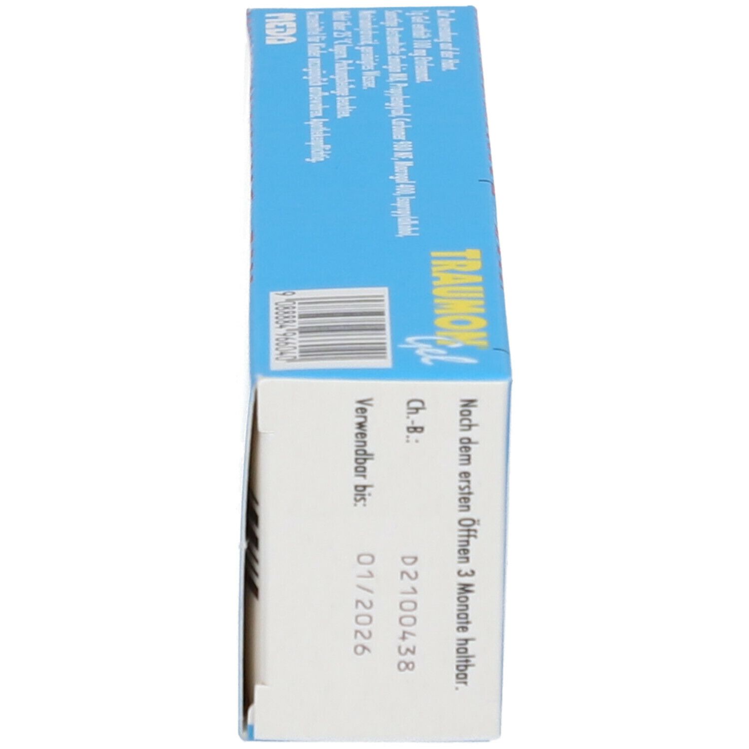 Blaue Schachtel, Seitenansicht. Text: TRAUMON Gel, Verwendbar bis 01/2026. Chargennummer.