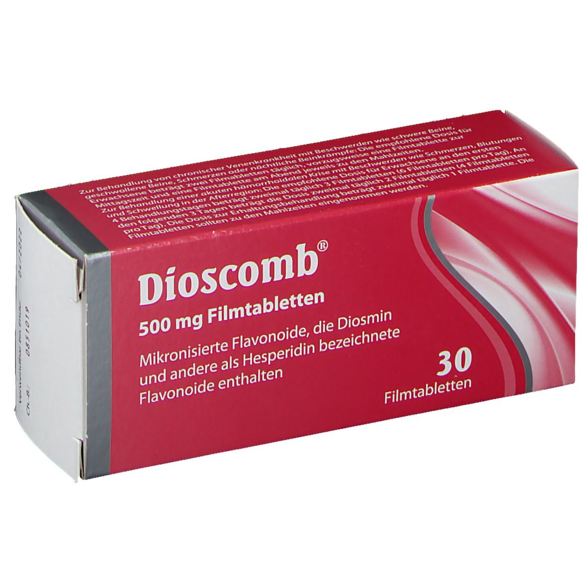 Dioscomb 500 mg Filmtabletten-Packung. Rote Schachtel mit weißer Schrift. Enthält 30 Tabletten.