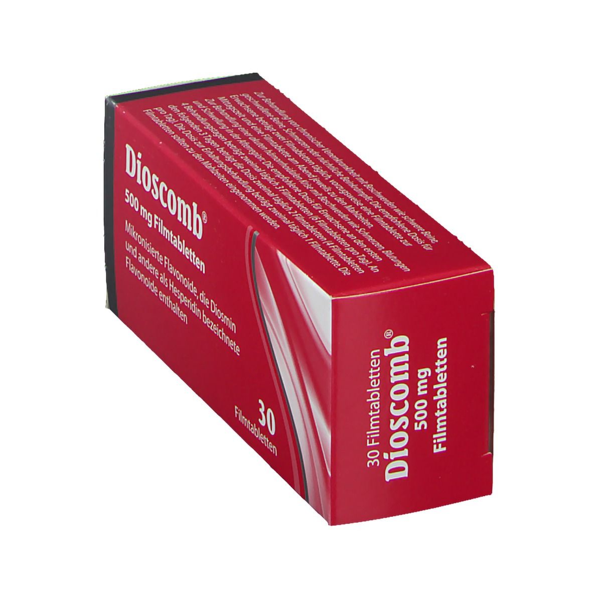 Dioscomb 500 mg Filmtabletten-Packung. Rote Schachtel mit weißer Schrift. Enthält 30 Tabletten.