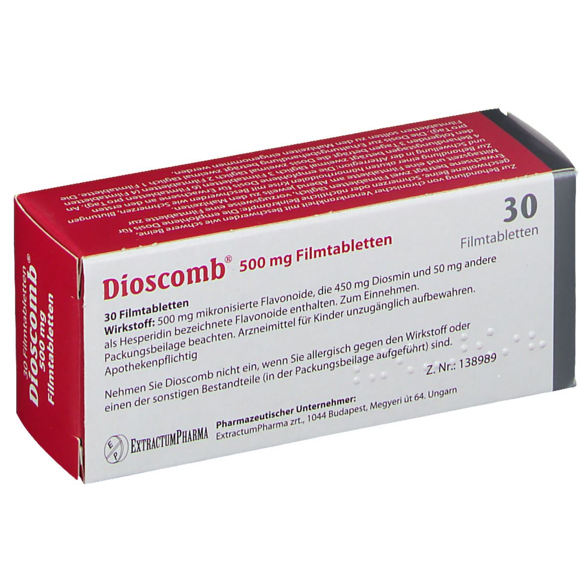 Dioscomb 500 mg Filmtabletten-Packung. Rote Schachtel mit weißer Schrift. Enthält 30 Tabletten.