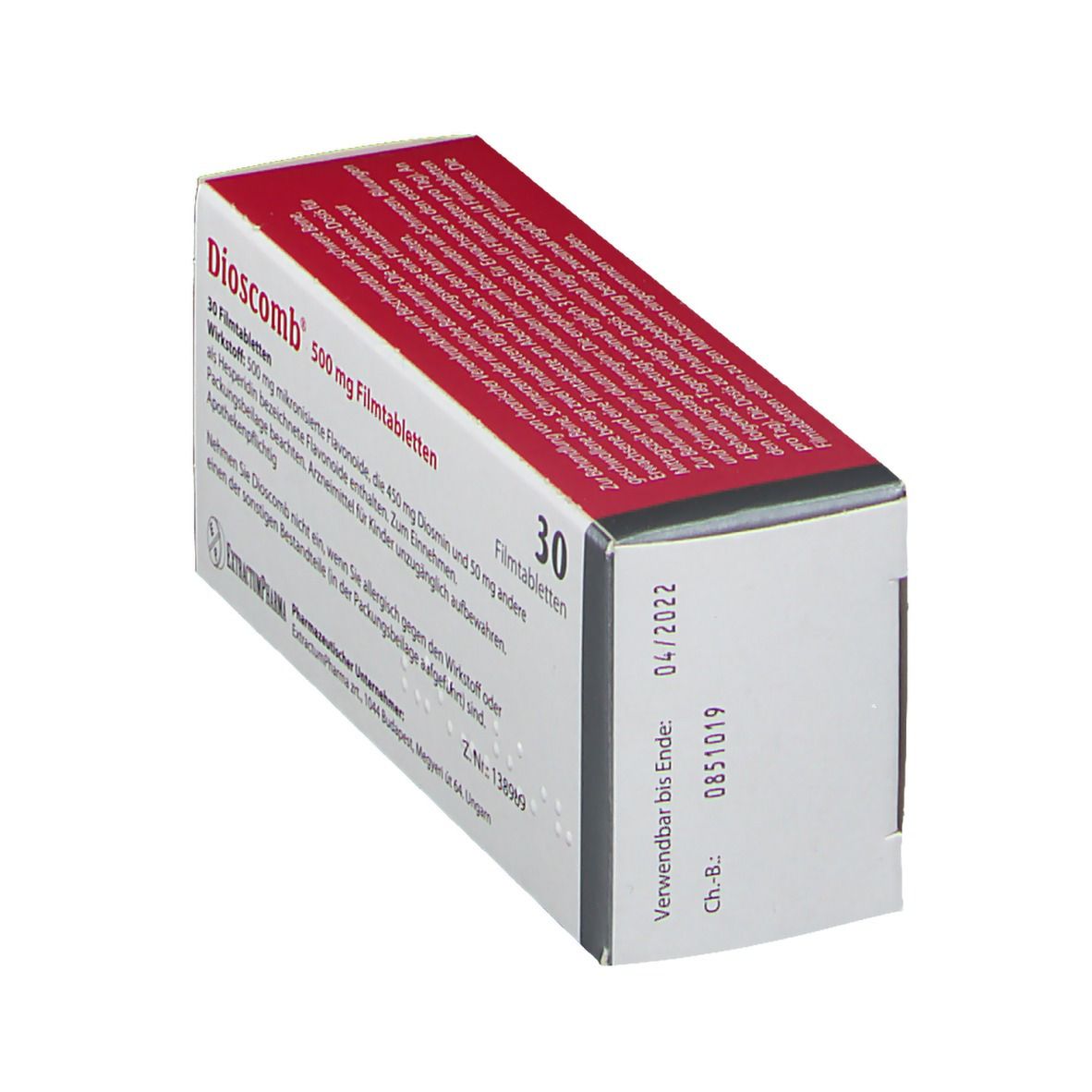 Dioscomb 500 mg Filmtabletten-Packung. Rote Schachtel mit weißer Schrift. Enthält 30 Tabletten.