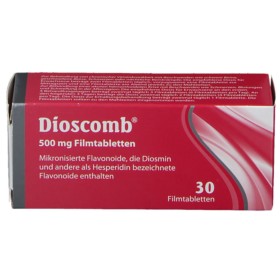 Dioscomb 500 mg Filmtabletten-Packung. Rote Schachtel mit weißer Schrift. Enthält 30 Tabletten.
