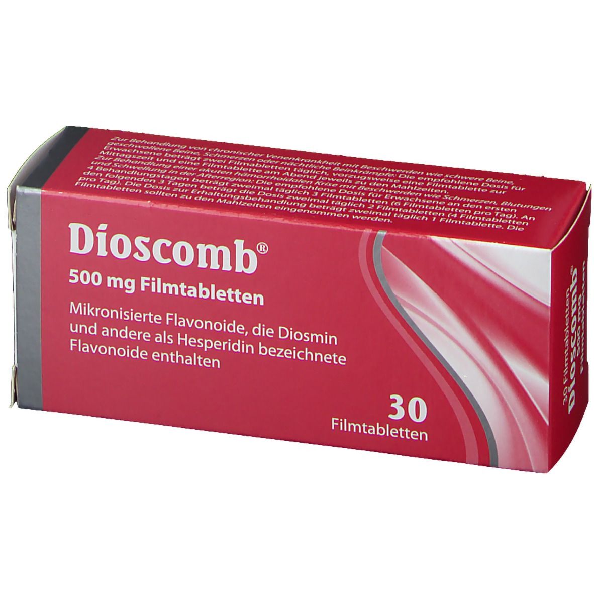 Dioscomb 500 mg Filmtabletten-Packung. Rote Schachtel mit weißer Schrift. Enthält 30 Tabletten.