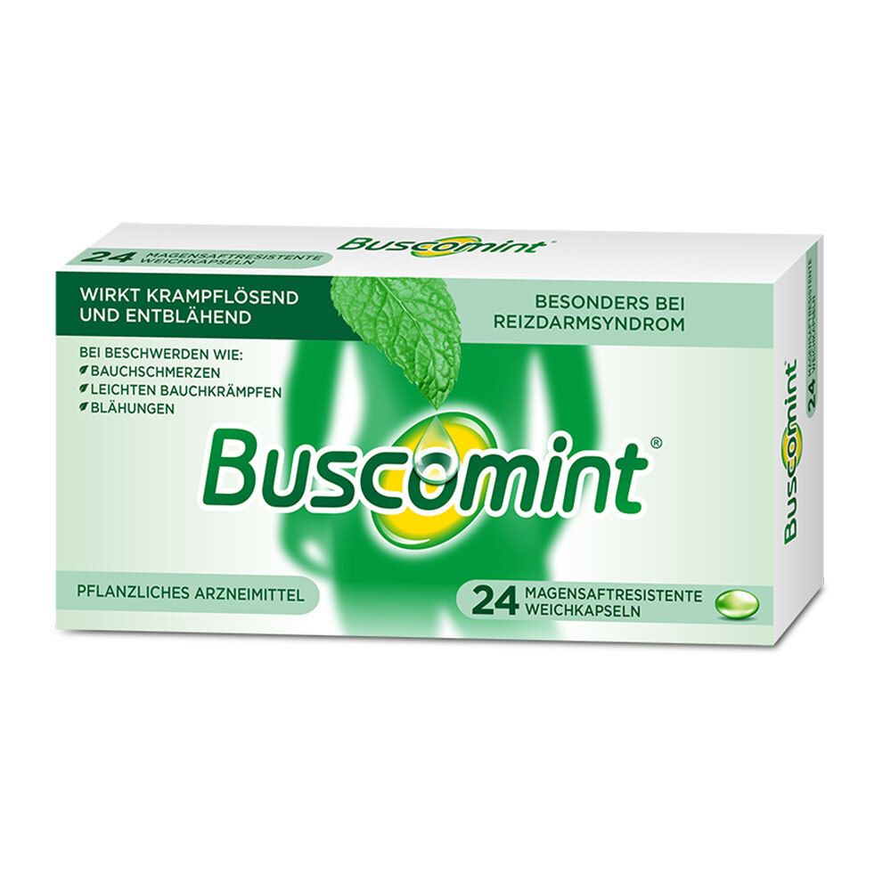 Buscomint®-Packung mit 24 magensaftresistenten Weichkapseln. Grün-weißes Design mit Produktnamen und Abbildungen.