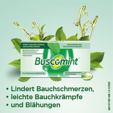 Buscomint®-Packung mit 24 Weichkapseln, umgeben von Minzblättern und Ölelementen. Text: Lindert Bauchschmerzen, leichte Bauchkrämpfe und Blähungen.