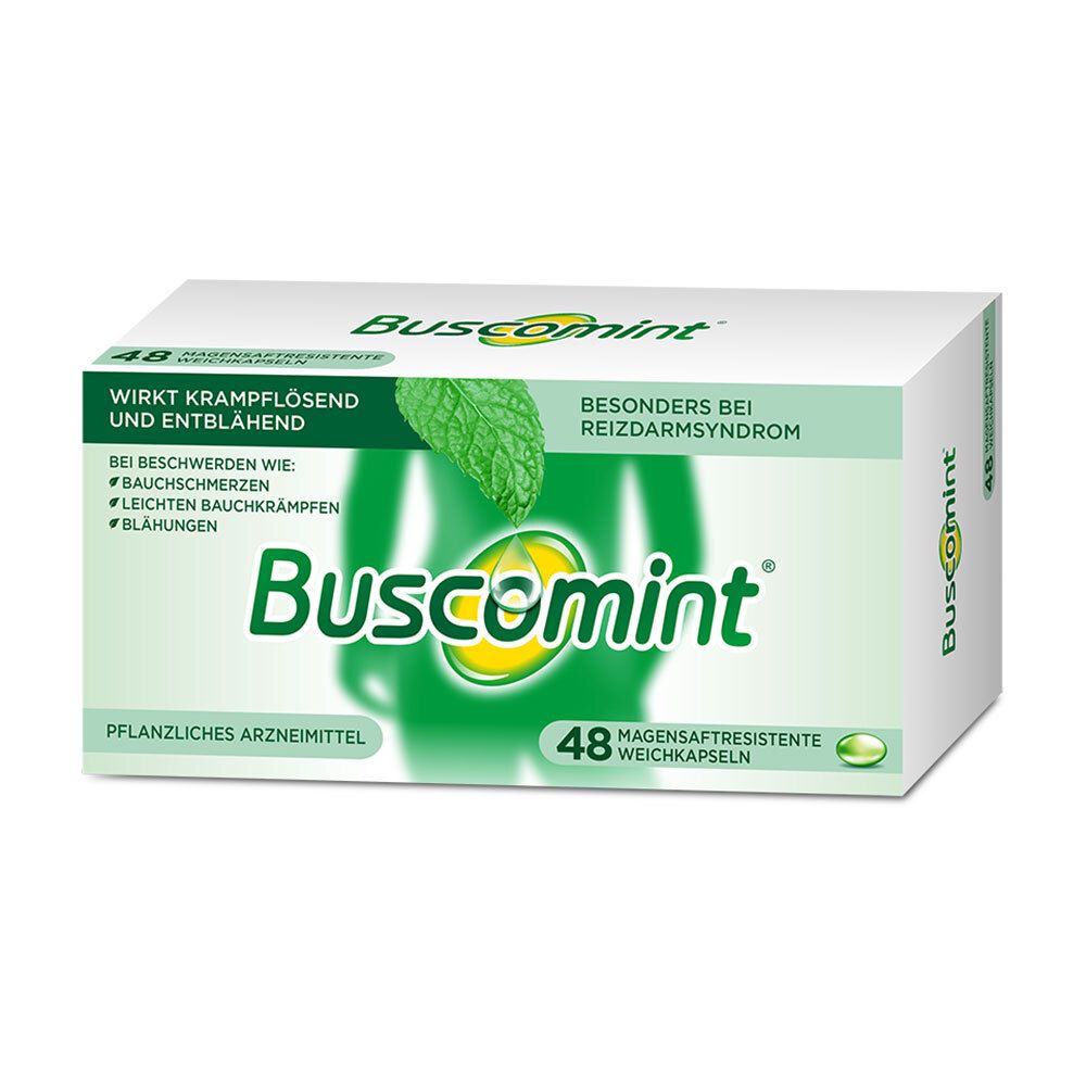 Schachtel mit Buscomint® 0,2ml Reizdarmkapseln. Grün-weißes Design, Produktname und Logo deutlich sichtbar.