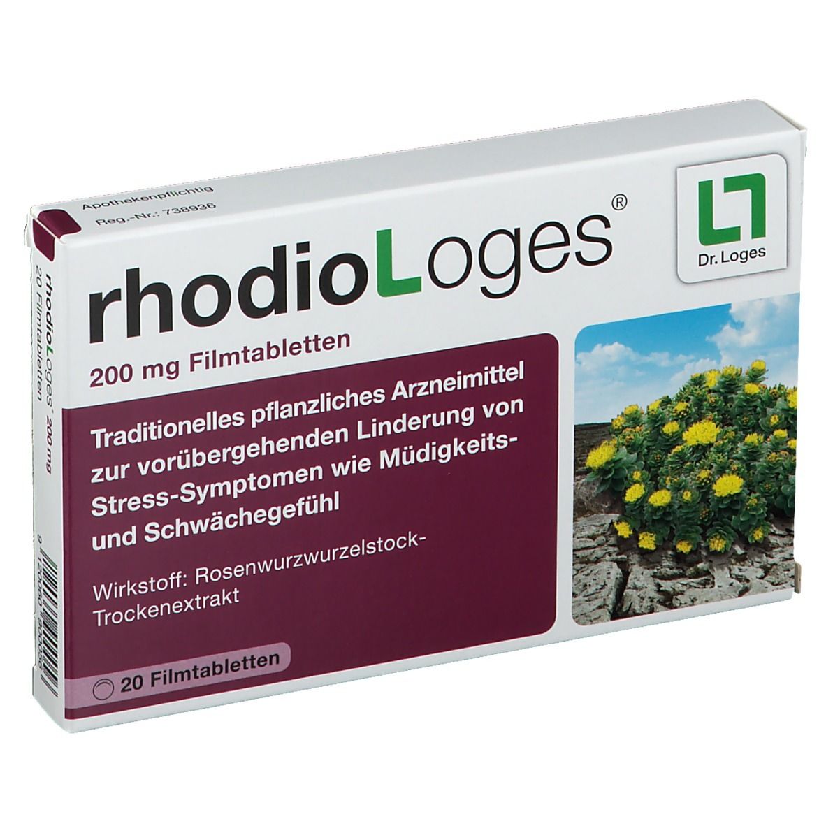 Schachtel mit rhodioloLoges 200 mg Filmtabletten. Aufdruck: Traditionelles pflanzliches Arzneimittel. Mit Logo Dr. Loges.