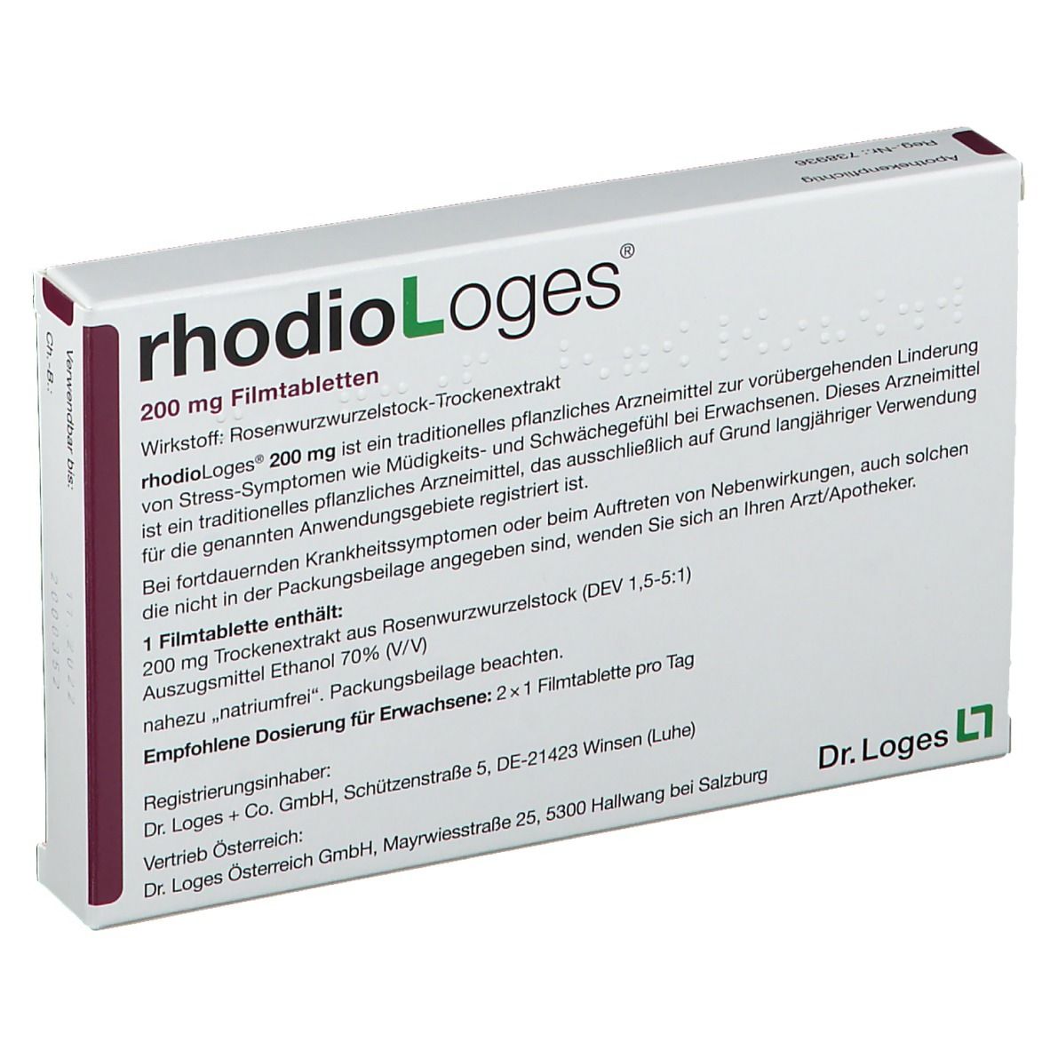Rückseite der rhodioloLoges 200 mg Schachtel. Text: Wirkstoff, Dosierung, Inhaltsstoffe, Hersteller. Mit Logo Dr. Loges.