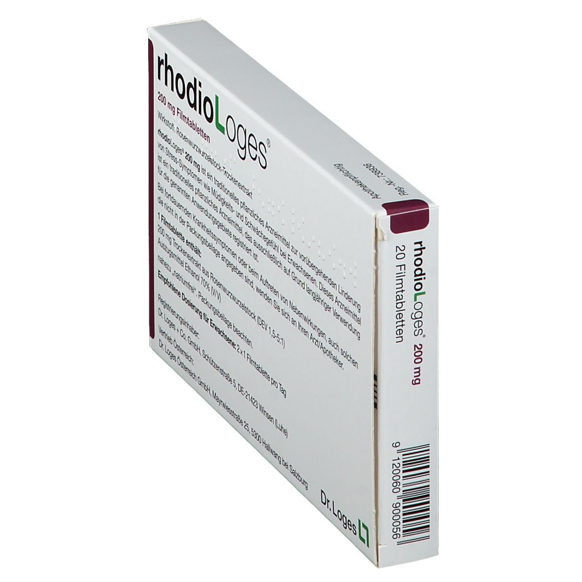rhodioloLoges 200 mg Schachtel, Seitenansicht. Aufdruck: 20 Filmtabletten, Barcode, Herstellerinformationen. Mit Logo Dr. Loges.
