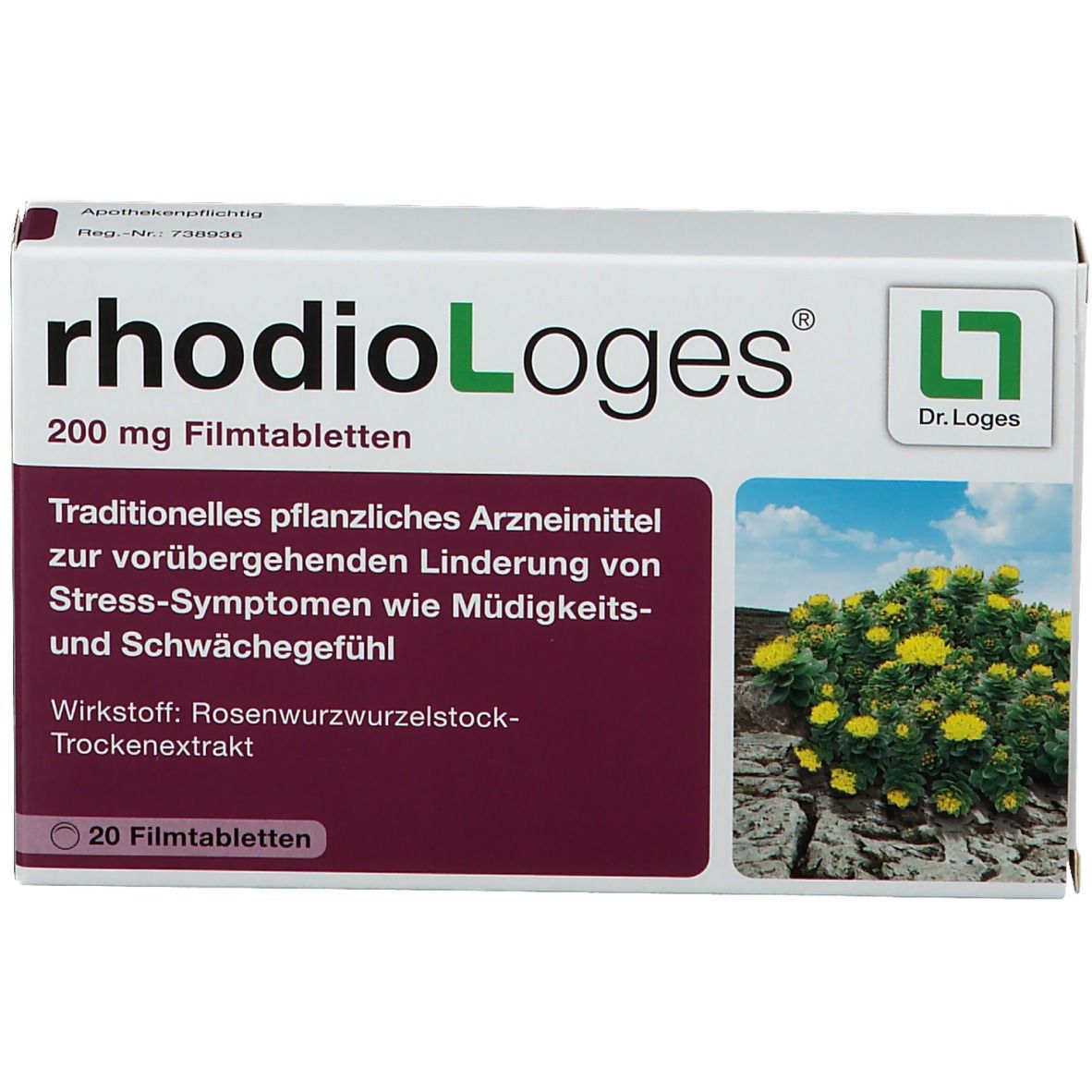 Schachtel mit rhodioloLoges 200 mg Filmtabletten. Aufdruck: Traditionelles pflanzliches Arzneimittel. Mit Logo Dr. Loges.