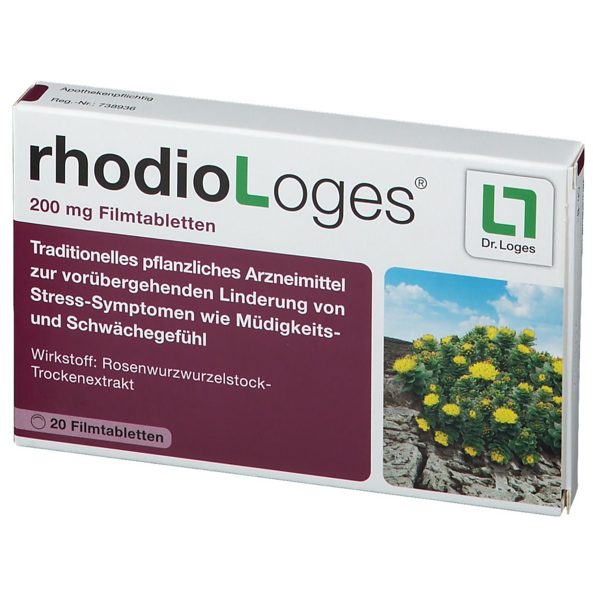 Schachtel mit rhodioloLoges 200 mg Filmtabletten. Aufdruck: Traditionelles pflanzliches Arzneimittel. Mit Logo Dr. Loges.