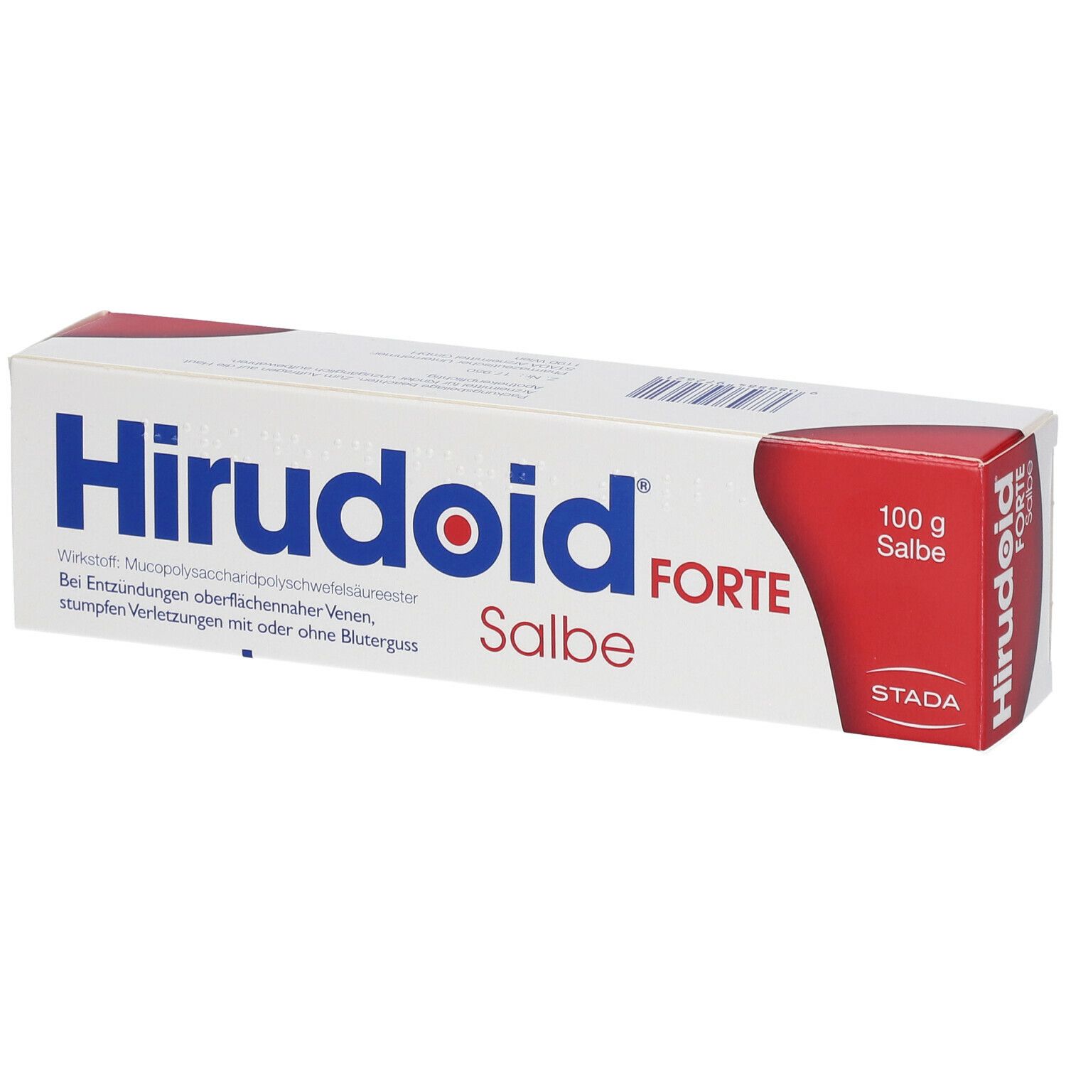 Hirudoid Forte Salbe. Weiße Verpackung mit rotem Akzent. Text: Wirkstoff, Salbe, 100 g. Blaue Schrift.
