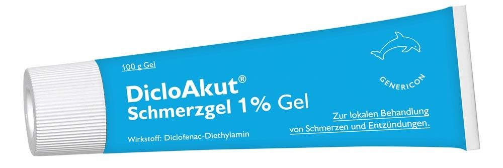 Blaue Tube DicloAkut Schmerzgel 1% mit weißem Schraubverschluss. Aufdrucke: Name, Wirkstoff, Logo, Text.