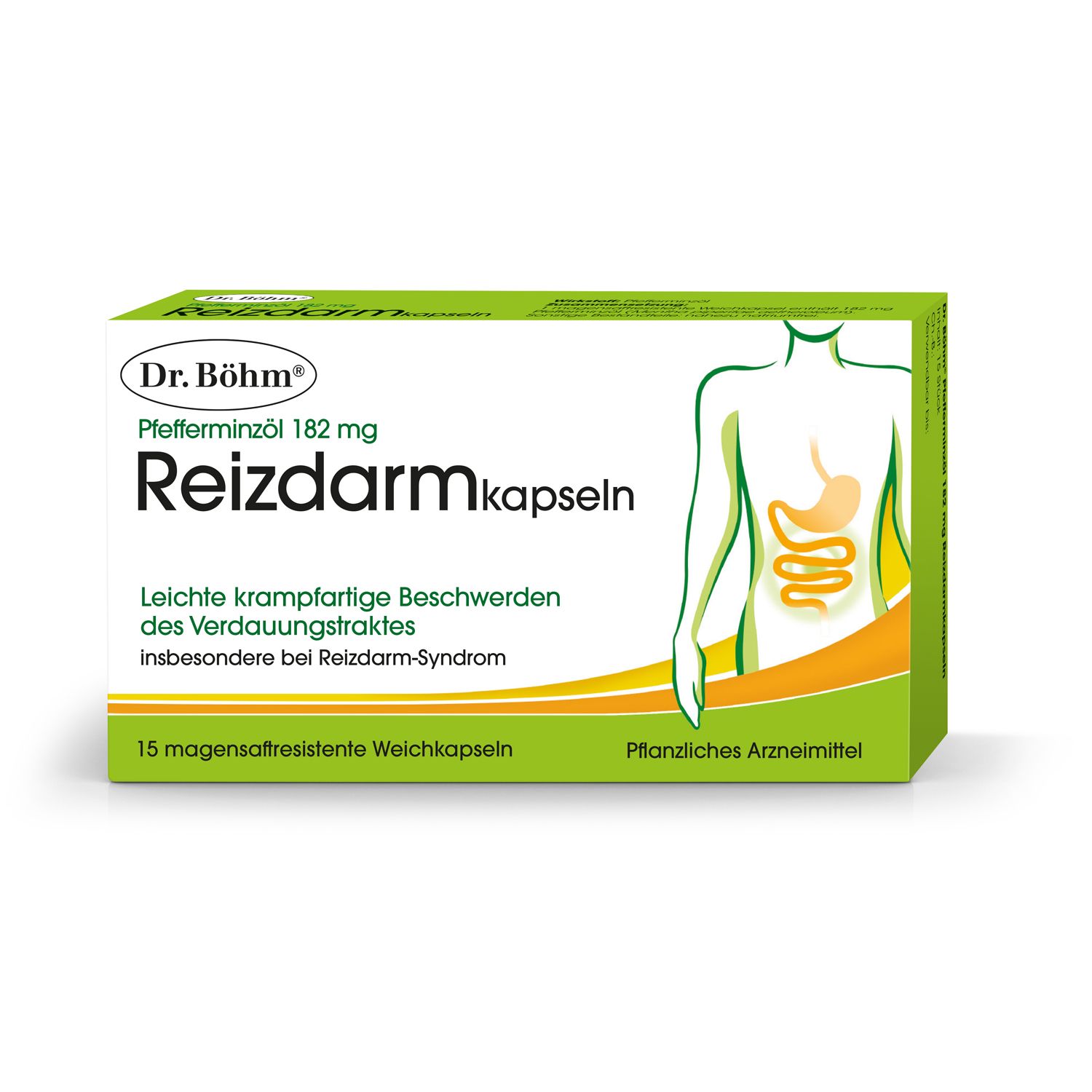 Grüne Schachtel mit Produktaufdruck. Aufschrift: Dr. Böhm Pfefferminzöl 182 mg Reizdarmkapseln. Illustration des Verdauungstrakts.