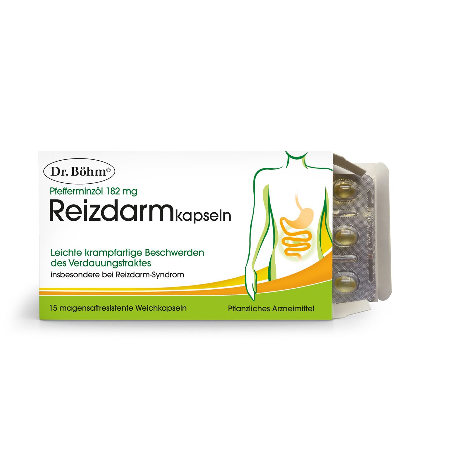 Geöffnete grüne Schachtel mit Blisterpackung. Aufschrift: Dr. Böhm Pfefferminzöl 182 mg Reizdarmkapseln. Kapseln sichtbar.