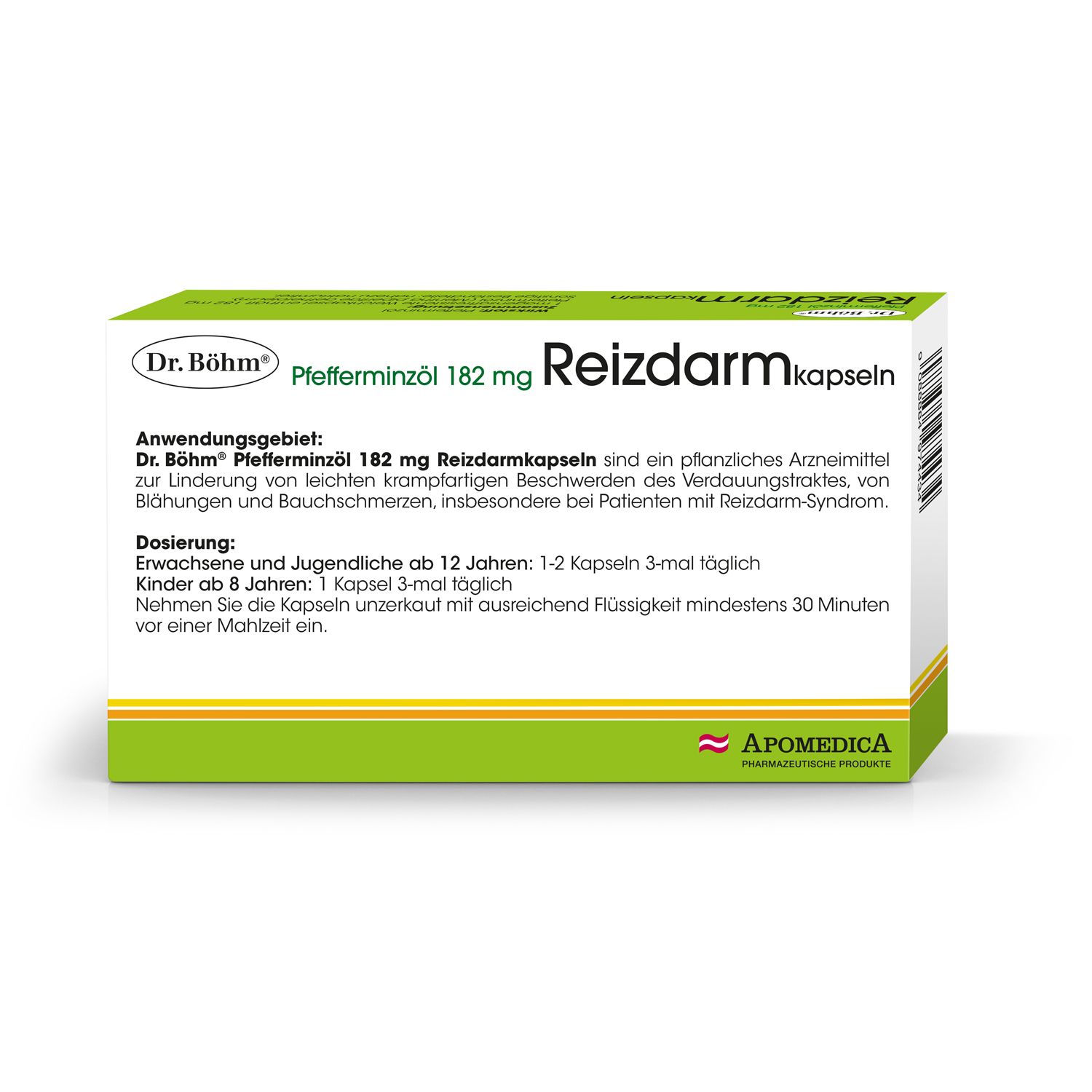 Grüne Schachtel mit Produktaufdruck. Aufschrift: Dr. Böhm Pfefferminzöl 182 mg Reizdarmkapseln. Text über Anwendung und Dosierung.